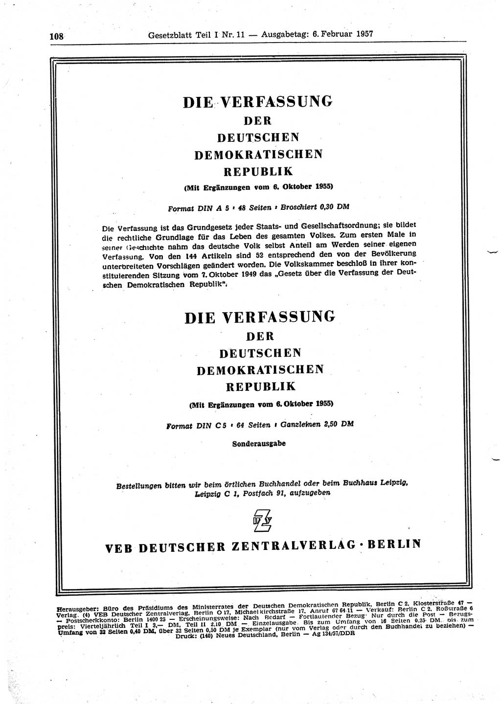 Gesetzblatt (GBl.) der Deutschen Demokratischen Republik (DDR) Teil Ⅰ 1957, Seite 108 (GBl. DDR Ⅰ 1957, S. 108)