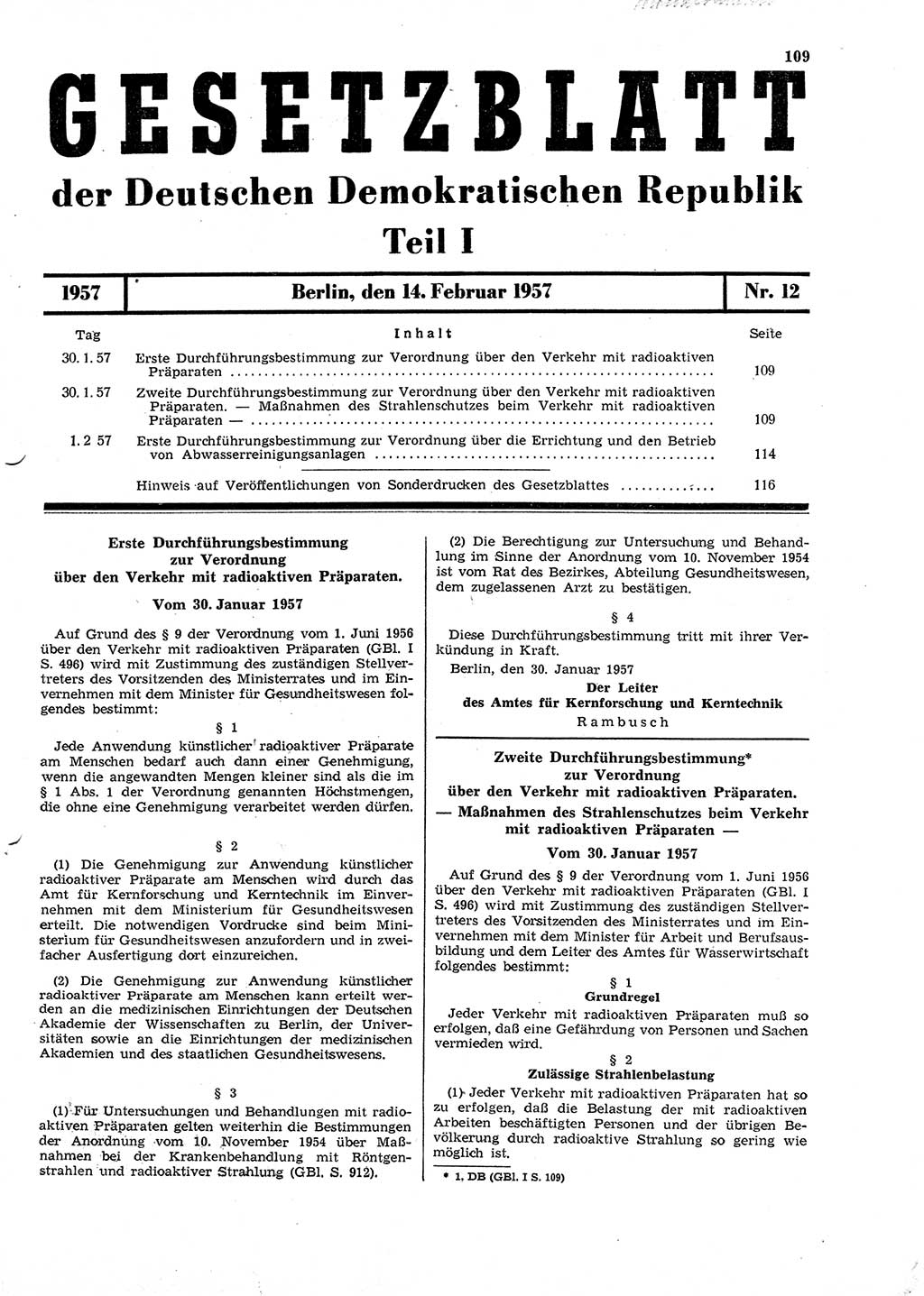 Gesetzblatt (GBl.) der Deutschen Demokratischen Republik (DDR) Teil Ⅰ 1957, Seite 109 (GBl. DDR Ⅰ 1957, S. 109)