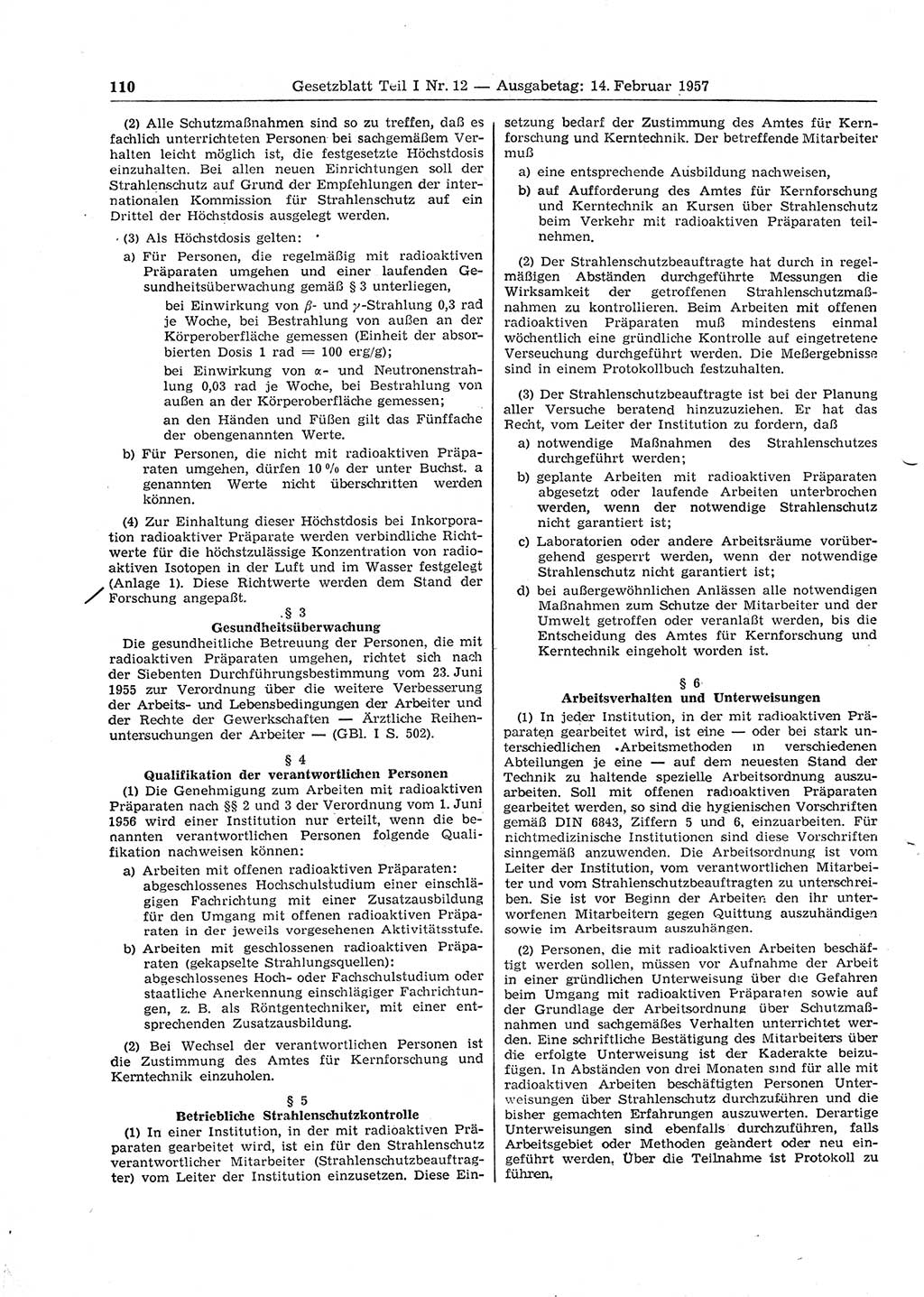Gesetzblatt (GBl.) der Deutschen Demokratischen Republik (DDR) Teil Ⅰ 1957, Seite 110 (GBl. DDR Ⅰ 1957, S. 110)