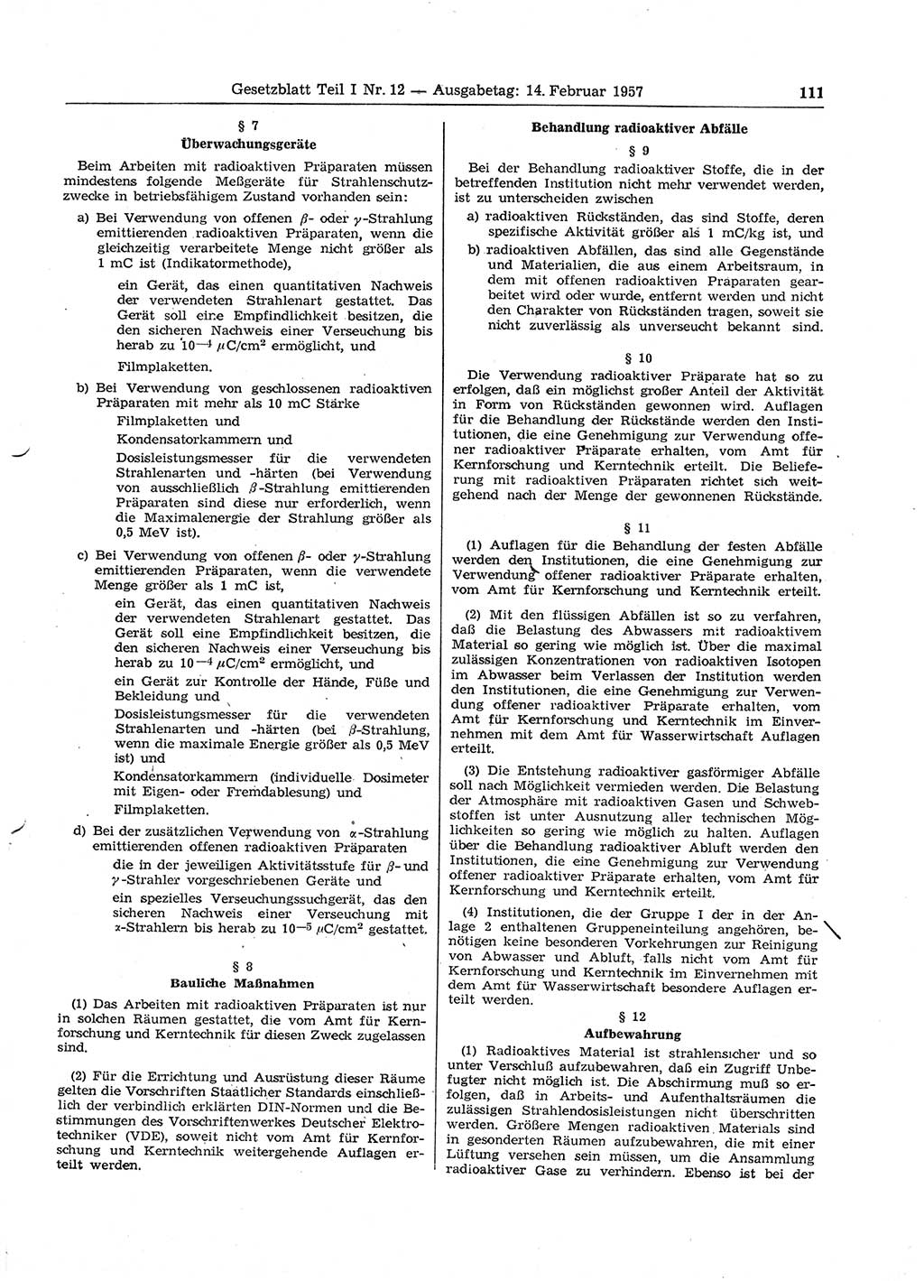 Gesetzblatt (GBl.) der Deutschen Demokratischen Republik (DDR) Teil Ⅰ 1957, Seite 111 (GBl. DDR Ⅰ 1957, S. 111)