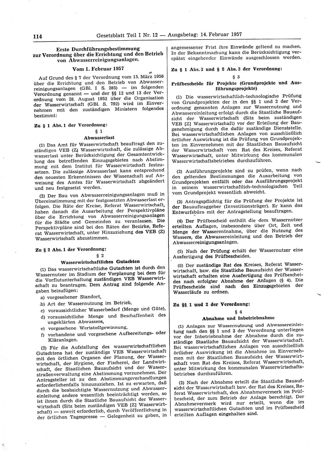 Gesetzblatt (GBl.) der Deutschen Demokratischen Republik (DDR) Teil Ⅰ 1957, Seite 114 (GBl. DDR Ⅰ 1957, S. 114)