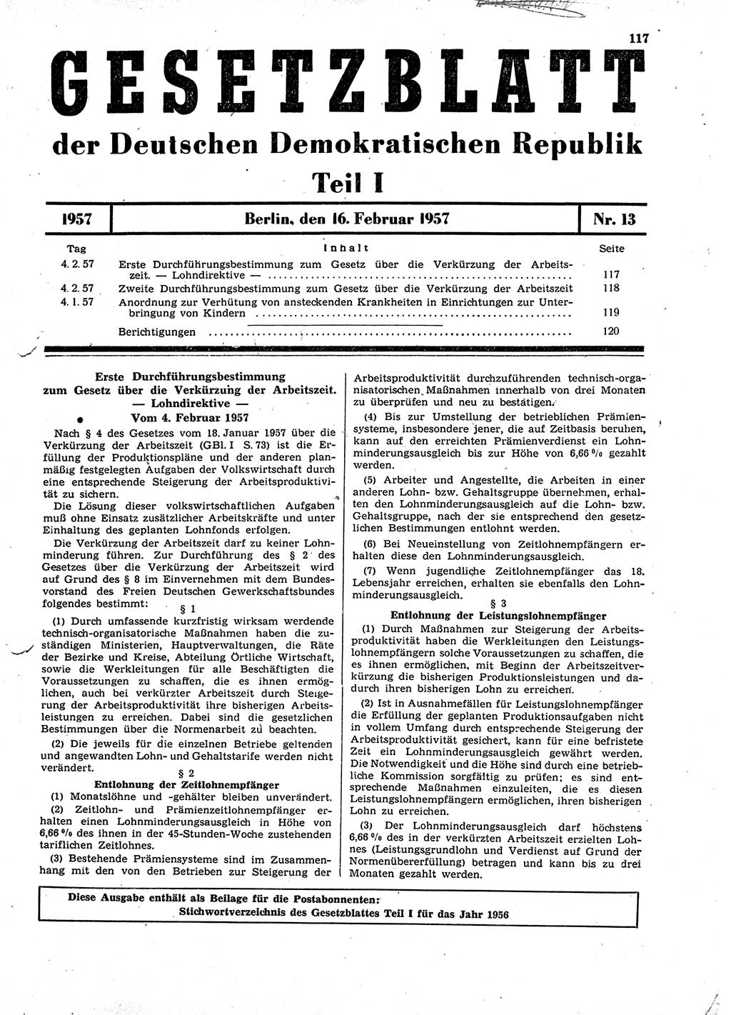 Gesetzblatt (GBl.) der Deutschen Demokratischen Republik (DDR) Teil Ⅰ 1957, Seite 117 (GBl. DDR Ⅰ 1957, S. 117)