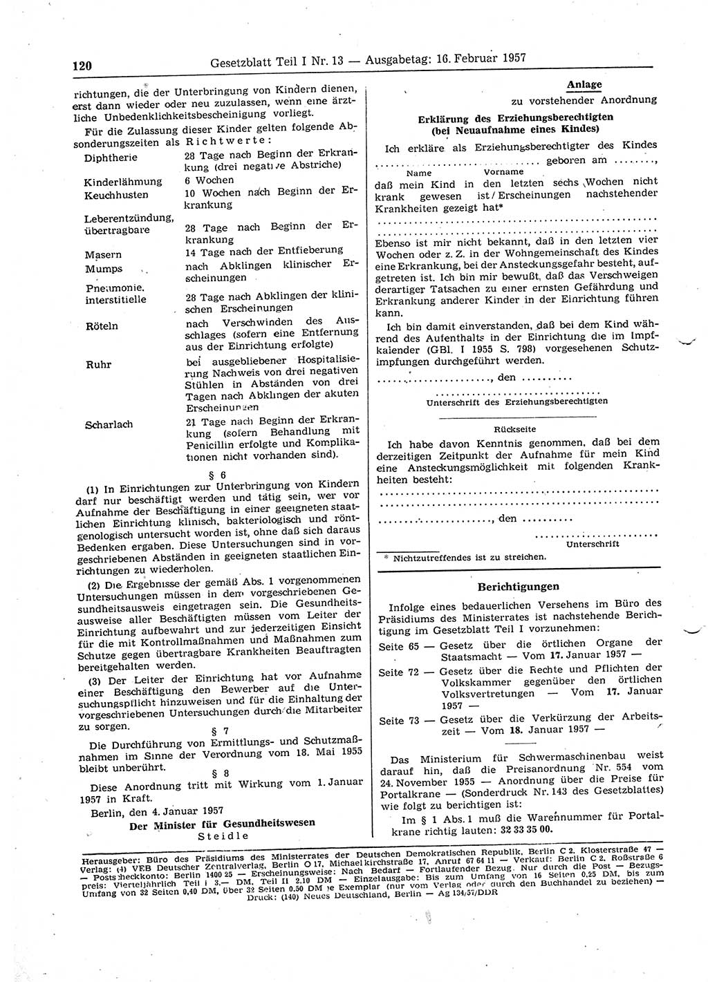 Gesetzblatt (GBl.) der Deutschen Demokratischen Republik (DDR) Teil Ⅰ 1957, Seite 120 (GBl. DDR Ⅰ 1957, S. 120)