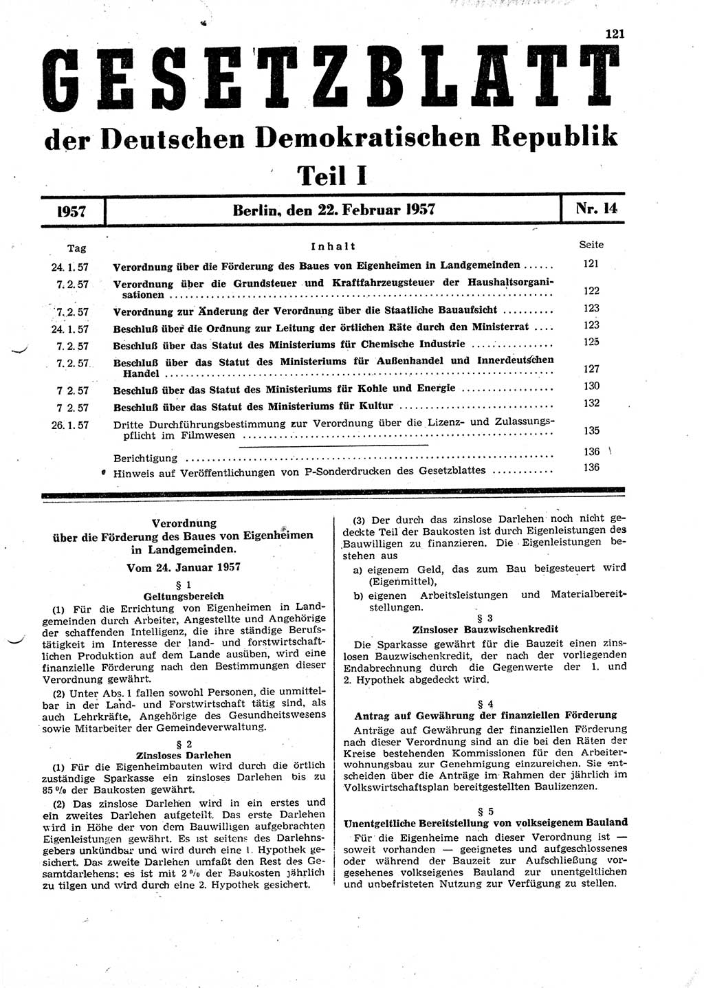 Gesetzblatt (GBl.) der Deutschen Demokratischen Republik (DDR) Teil Ⅰ 1957, Seite 121 (GBl. DDR Ⅰ 1957, S. 121)