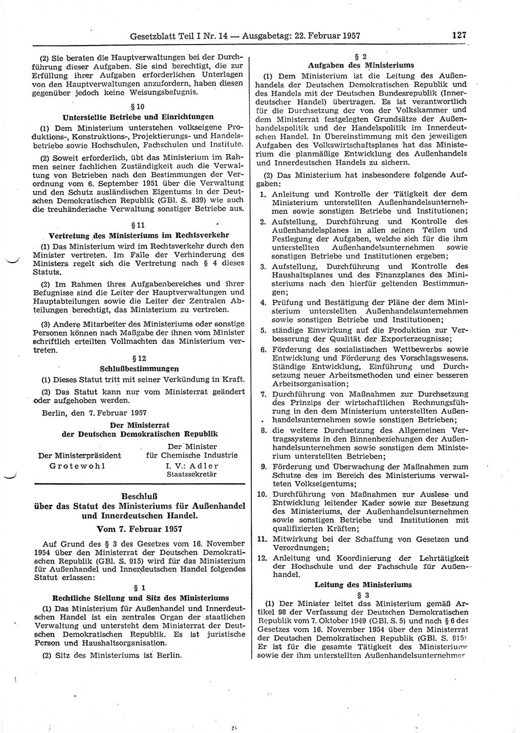 Gesetzblatt (GBl.) der Deutschen Demokratischen Republik (DDR) Teil Ⅰ 1957, Seite 127 (GBl. DDR Ⅰ 1957, S. 127)