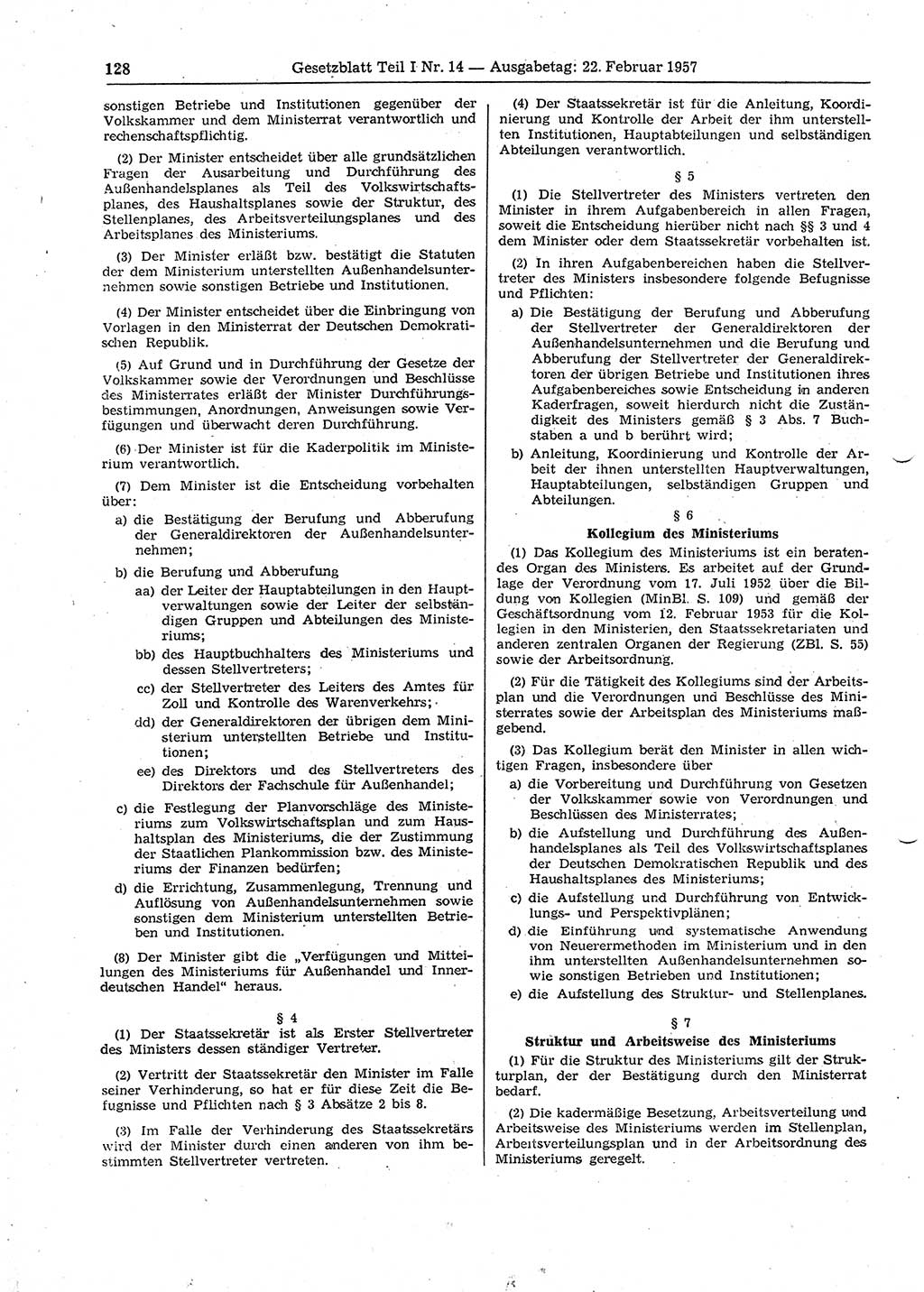 Gesetzblatt (GBl.) der Deutschen Demokratischen Republik (DDR) Teil Ⅰ 1957, Seite 128 (GBl. DDR Ⅰ 1957, S. 128)