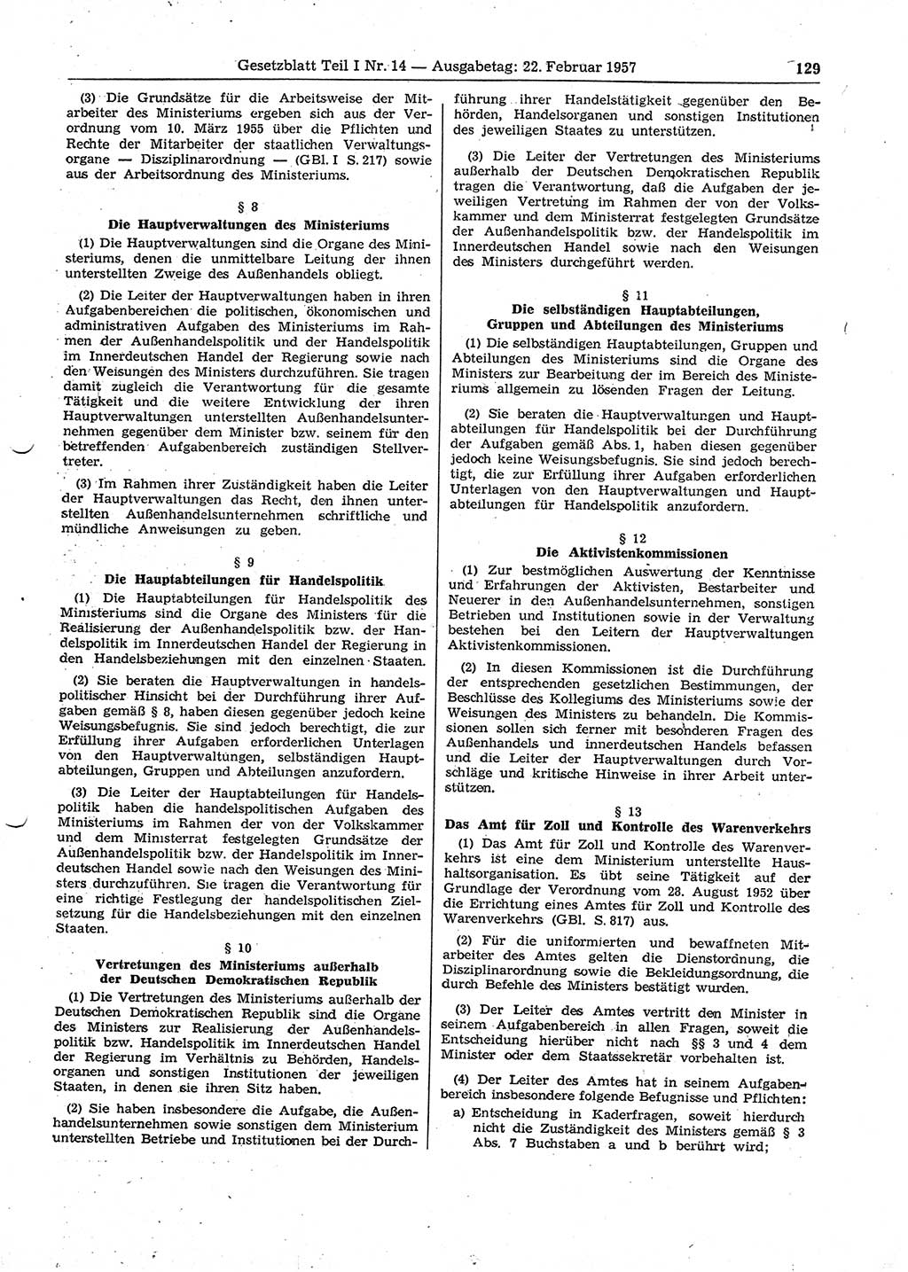 Gesetzblatt (GBl.) der Deutschen Demokratischen Republik (DDR) Teil Ⅰ 1957, Seite 129 (GBl. DDR Ⅰ 1957, S. 129)