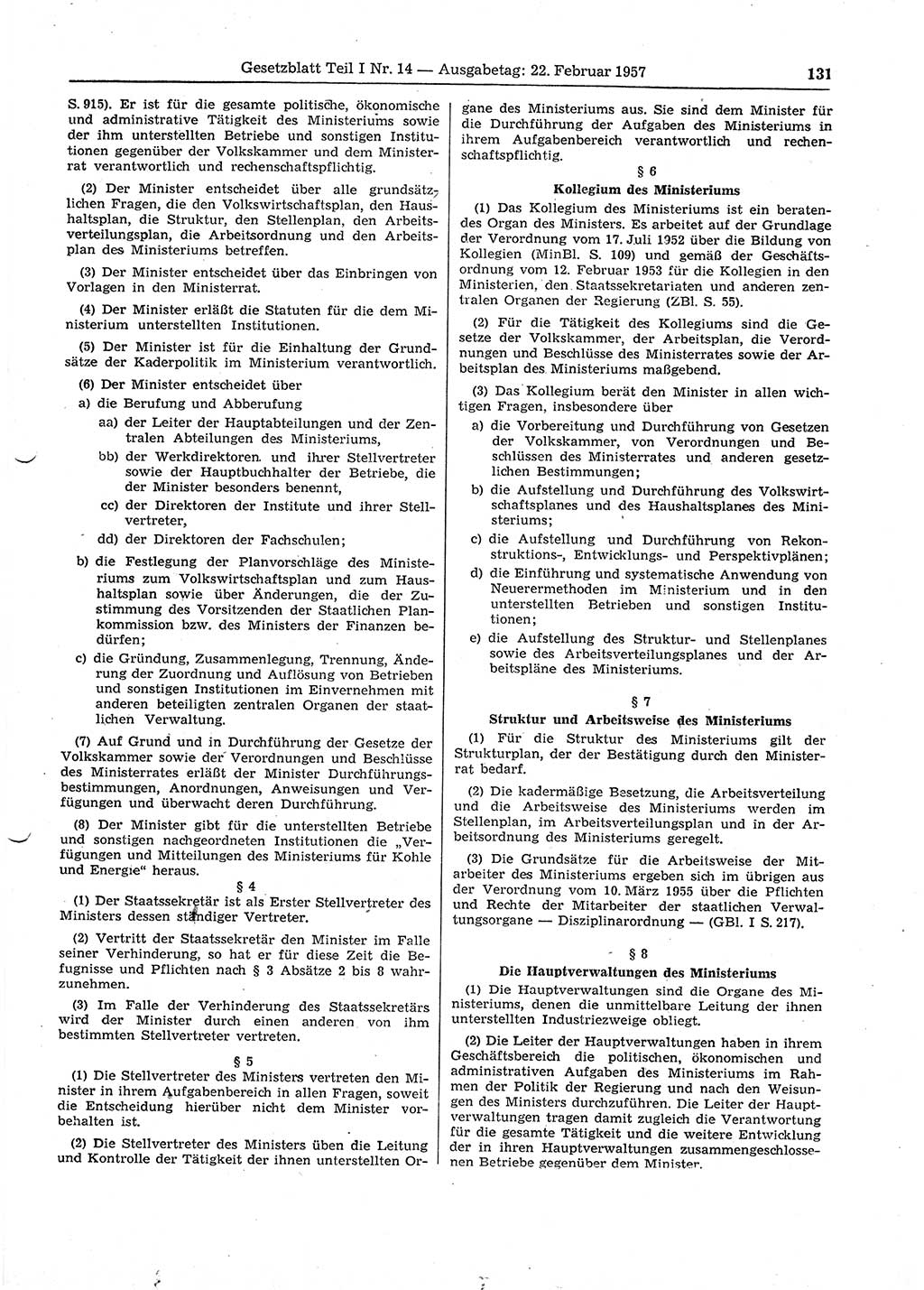 Gesetzblatt (GBl.) der Deutschen Demokratischen Republik (DDR) Teil Ⅰ 1957, Seite 131 (GBl. DDR Ⅰ 1957, S. 131)