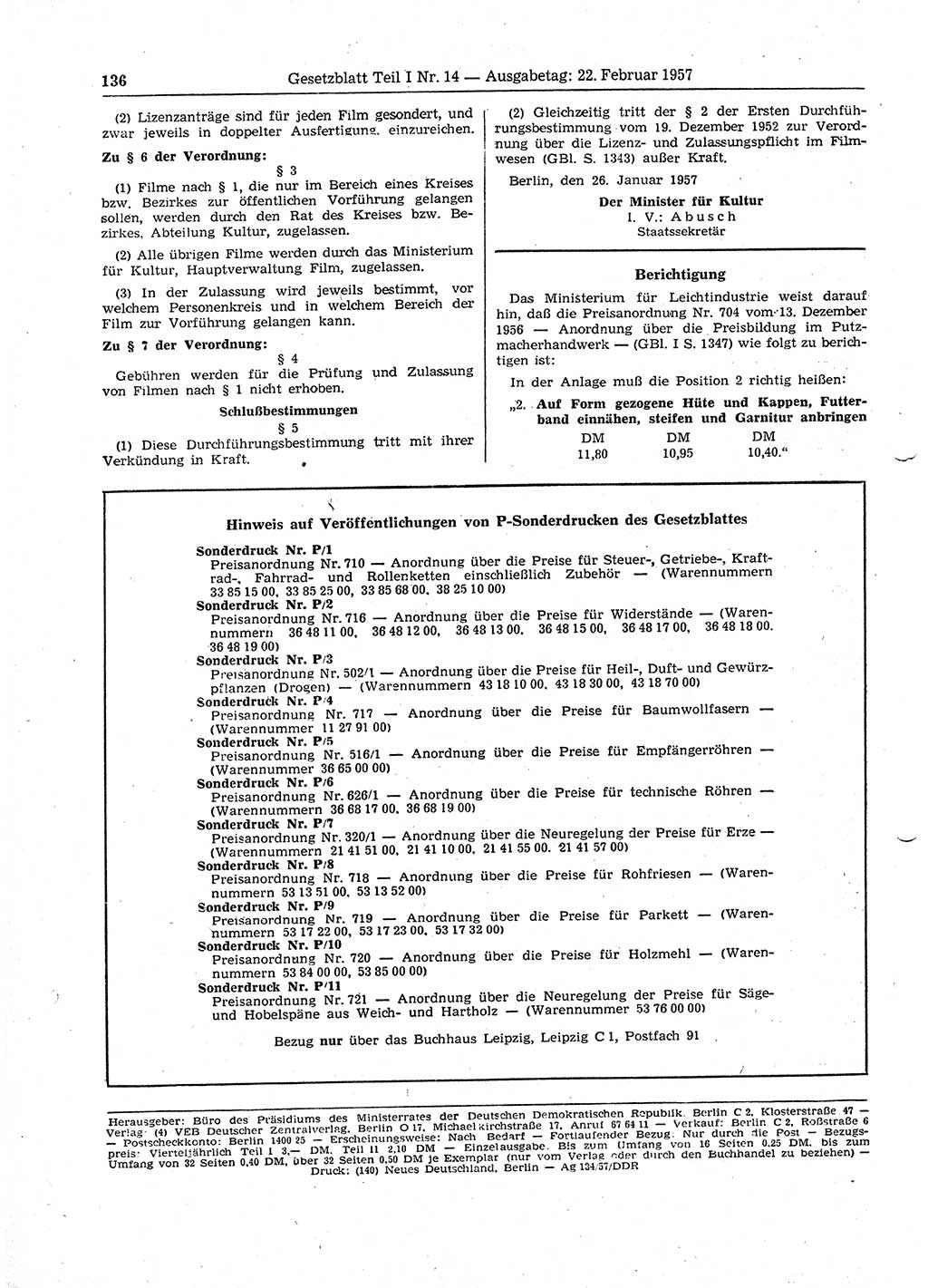 Gesetzblatt (GBl.) der Deutschen Demokratischen Republik (DDR) Teil Ⅰ 1957, Seite 136 (GBl. DDR Ⅰ 1957, S. 136)