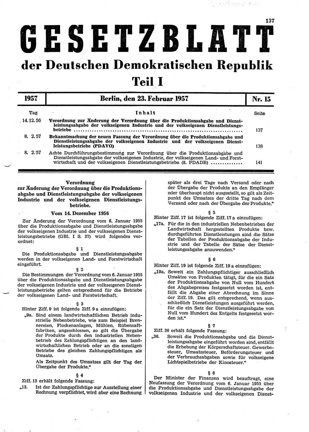 Gesetzblatt (GBl.) der Deutschen Demokratischen Republik (DDR) Teil Ⅰ 1957, Seite 137 (GBl. DDR Ⅰ 1957, S. 137)