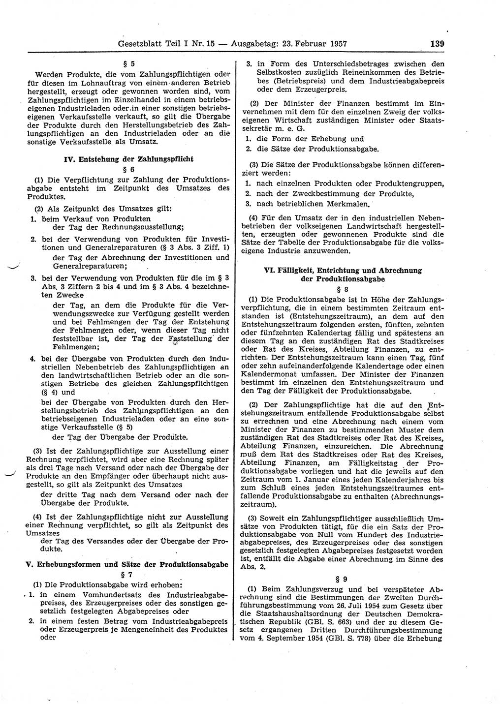 Gesetzblatt (GBl.) der Deutschen Demokratischen Republik (DDR) Teil Ⅰ 1957, Seite 139 (GBl. DDR Ⅰ 1957, S. 139)