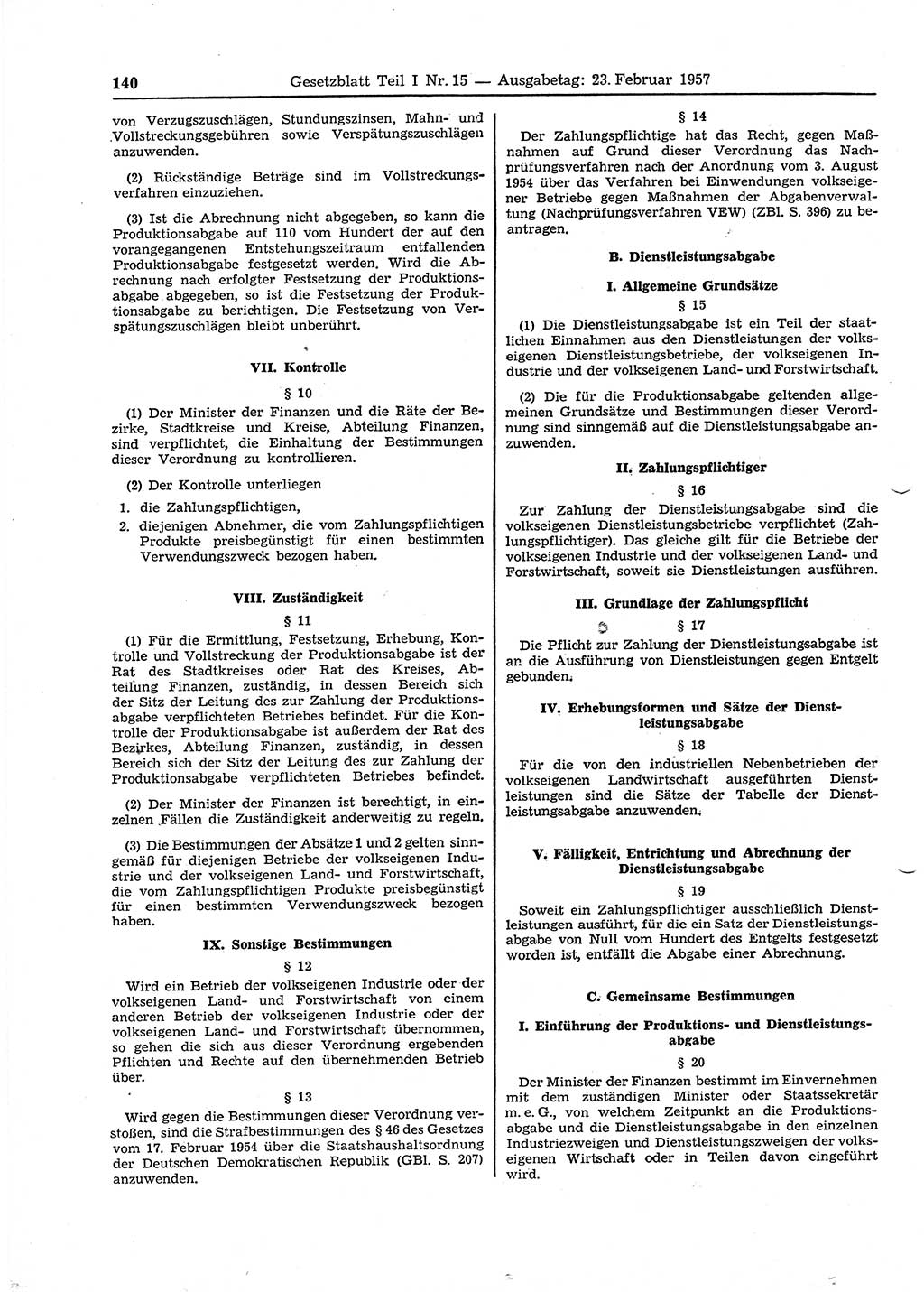Gesetzblatt (GBl.) der Deutschen Demokratischen Republik (DDR) Teil Ⅰ 1957, Seite 140 (GBl. DDR Ⅰ 1957, S. 140)