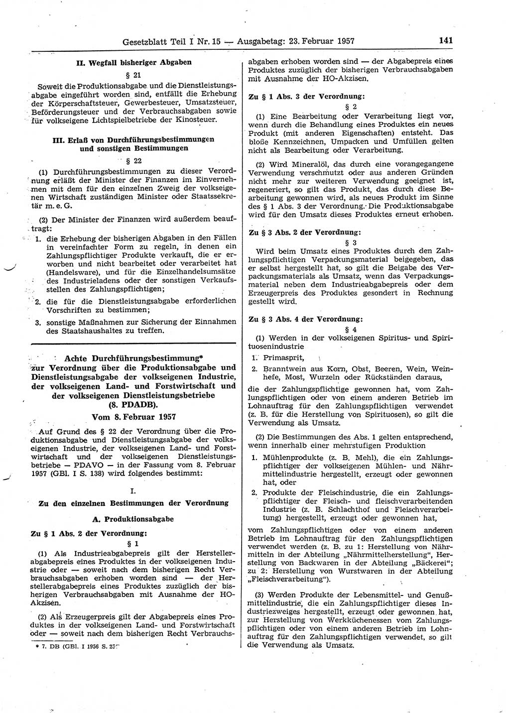 Gesetzblatt (GBl.) der Deutschen Demokratischen Republik (DDR) Teil Ⅰ 1957, Seite 141 (GBl. DDR Ⅰ 1957, S. 141)