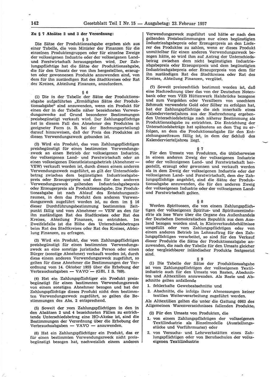 Gesetzblatt (GBl.) der Deutschen Demokratischen Republik (DDR) Teil Ⅰ 1957, Seite 142 (GBl. DDR Ⅰ 1957, S. 142)