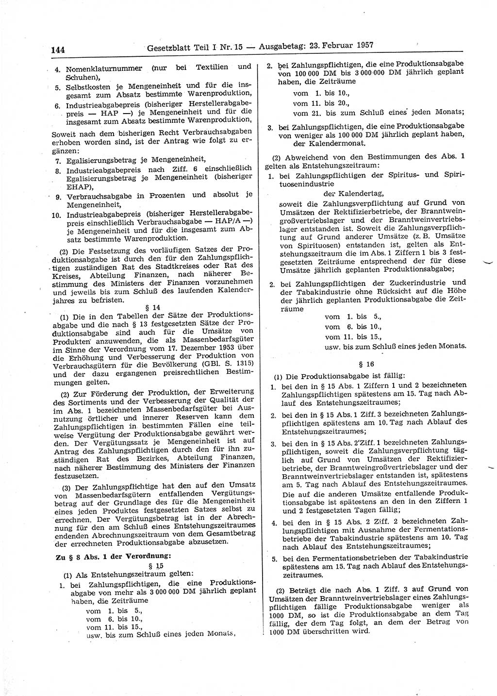 Gesetzblatt (GBl.) der Deutschen Demokratischen Republik (DDR) Teil Ⅰ 1957, Seite 144 (GBl. DDR Ⅰ 1957, S. 144)