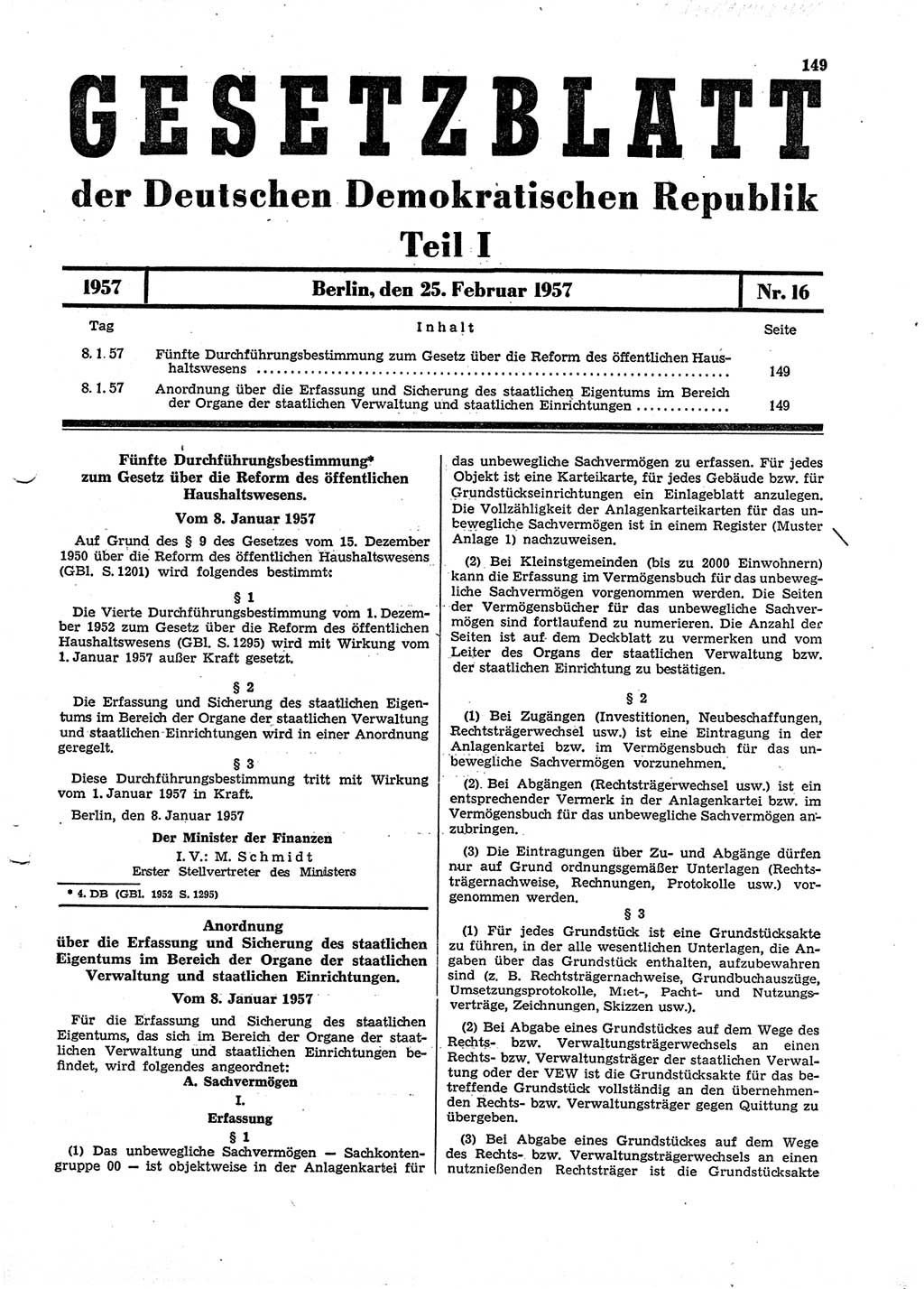 Gesetzblatt (GBl.) der Deutschen Demokratischen Republik (DDR) Teil Ⅰ 1957, Seite 149 (GBl. DDR Ⅰ 1957, S. 149)