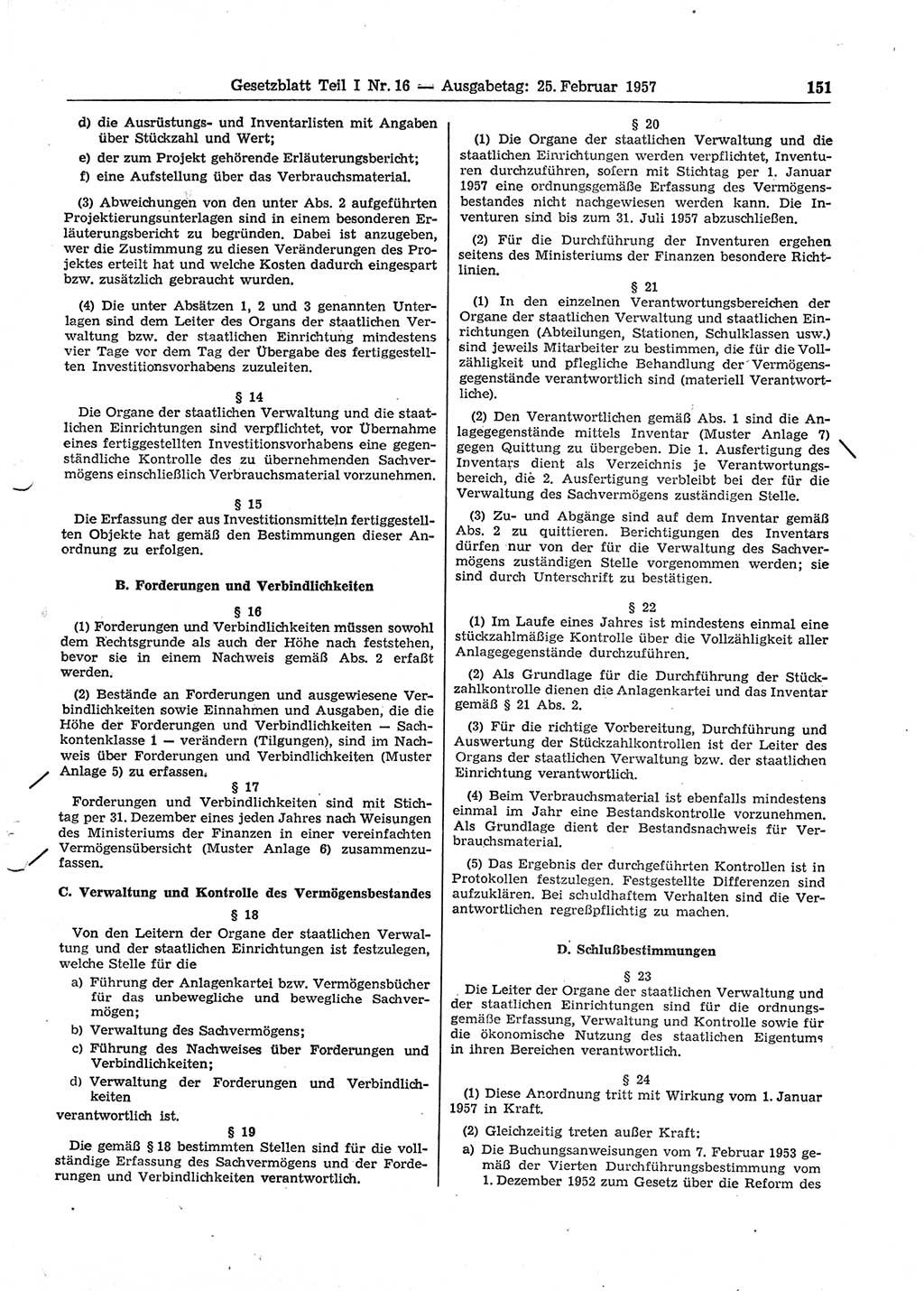 Gesetzblatt (GBl.) der Deutschen Demokratischen Republik (DDR) Teil Ⅰ 1957, Seite 151 (GBl. DDR Ⅰ 1957, S. 151)