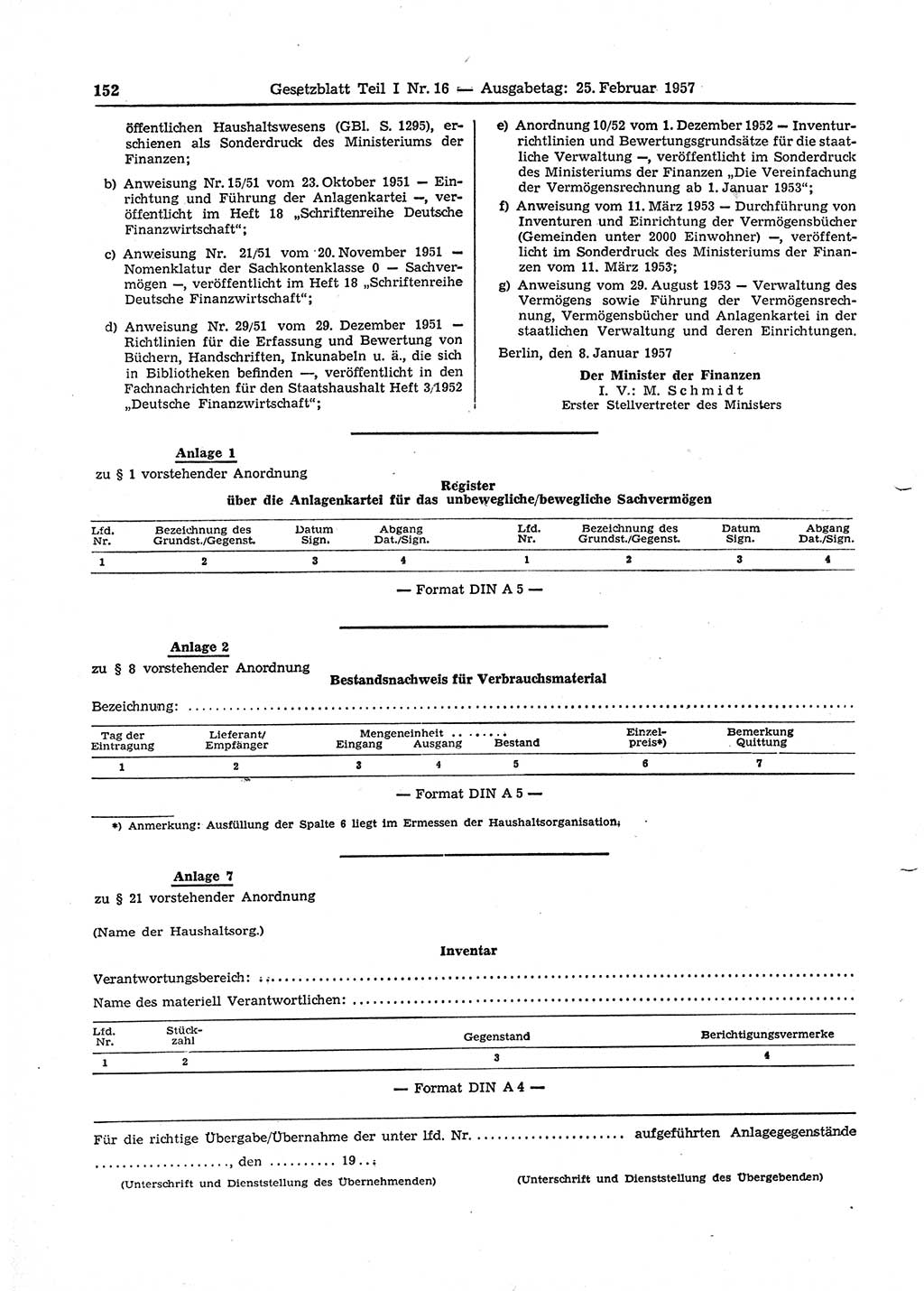 Gesetzblatt (GBl.) der Deutschen Demokratischen Republik (DDR) Teil Ⅰ 1957, Seite 152 (GBl. DDR Ⅰ 1957, S. 152)
