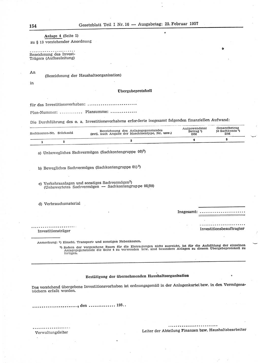 Gesetzblatt (GBl.) der Deutschen Demokratischen Republik (DDR) Teil Ⅰ 1957, Seite 154 (GBl. DDR Ⅰ 1957, S. 154)