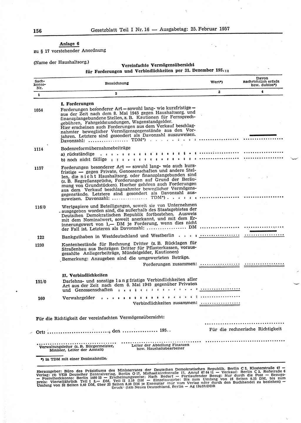 Gesetzblatt (GBl.) der Deutschen Demokratischen Republik (DDR) Teil Ⅰ 1957, Seite 156 (GBl. DDR Ⅰ 1957, S. 156)