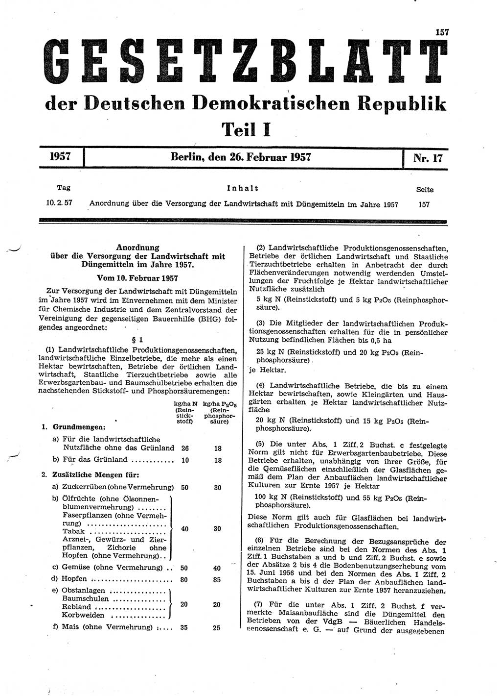 Gesetzblatt (GBl.) der Deutschen Demokratischen Republik (DDR) Teil Ⅰ 1957, Seite 157 (GBl. DDR Ⅰ 1957, S. 157)