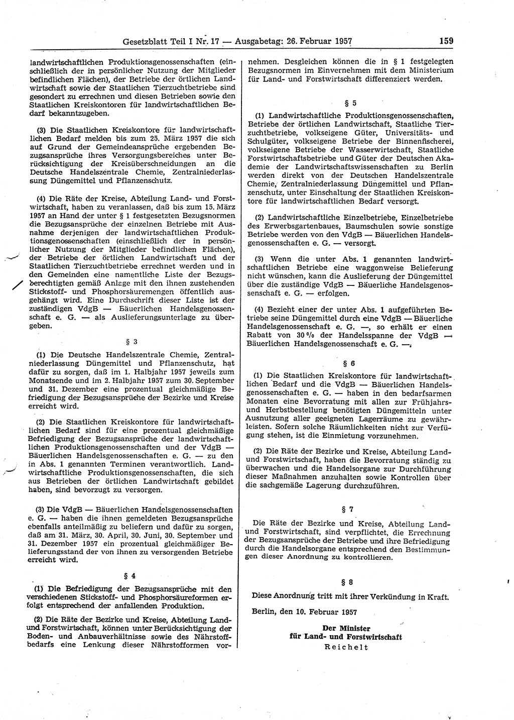 Gesetzblatt (GBl.) der Deutschen Demokratischen Republik (DDR) Teil Ⅰ 1957, Seite 159 (GBl. DDR Ⅰ 1957, S. 159)