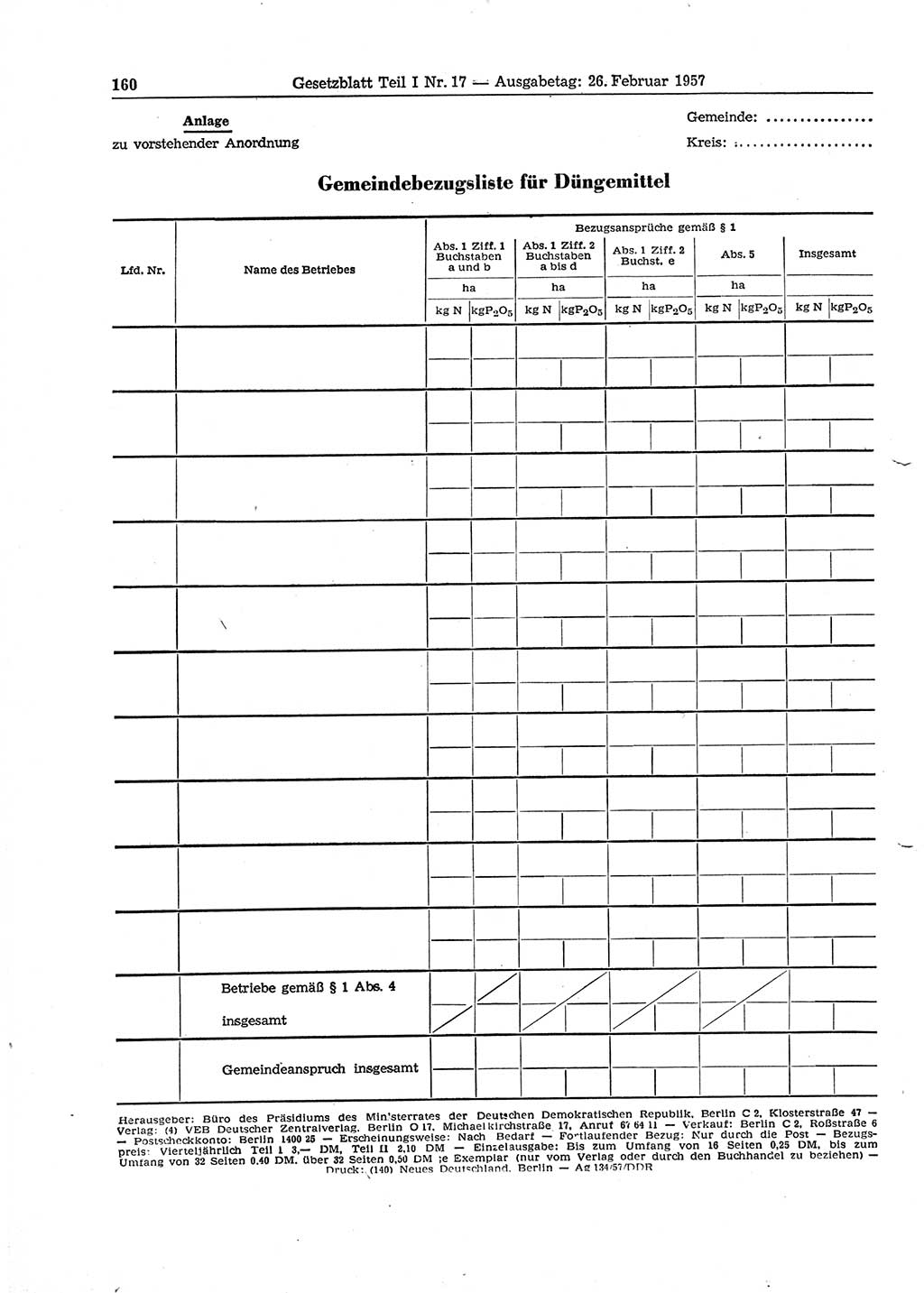 Gesetzblatt (GBl.) der Deutschen Demokratischen Republik (DDR) Teil Ⅰ 1957, Seite 160 (GBl. DDR Ⅰ 1957, S. 160)