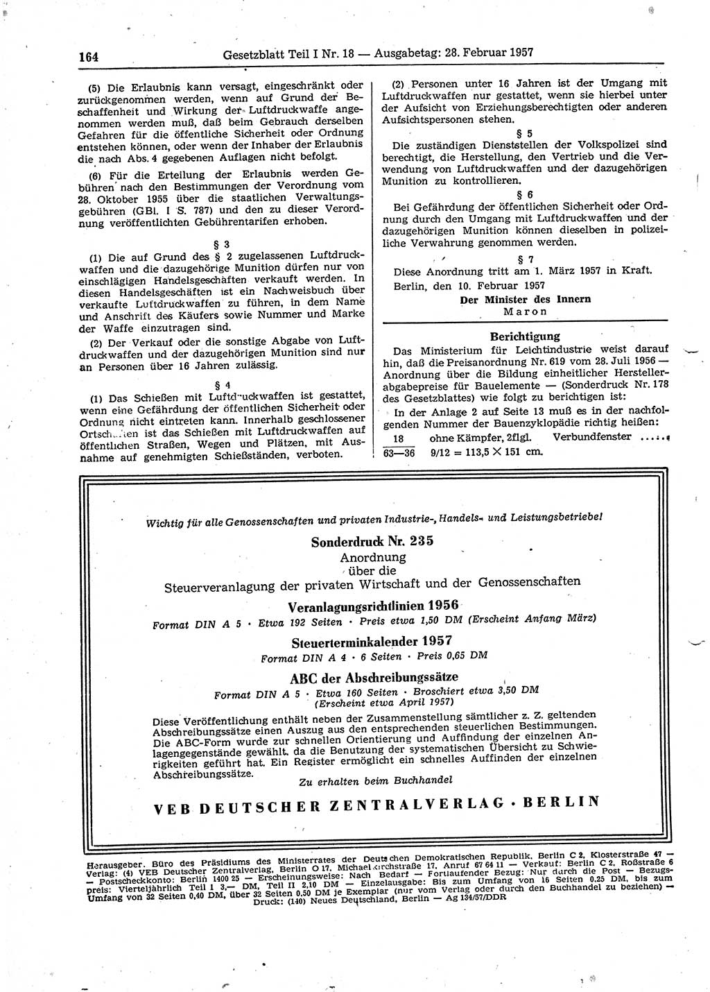 Gesetzblatt (GBl.) der Deutschen Demokratischen Republik (DDR) Teil Ⅰ 1957, Seite 164 (GBl. DDR Ⅰ 1957, S. 164)