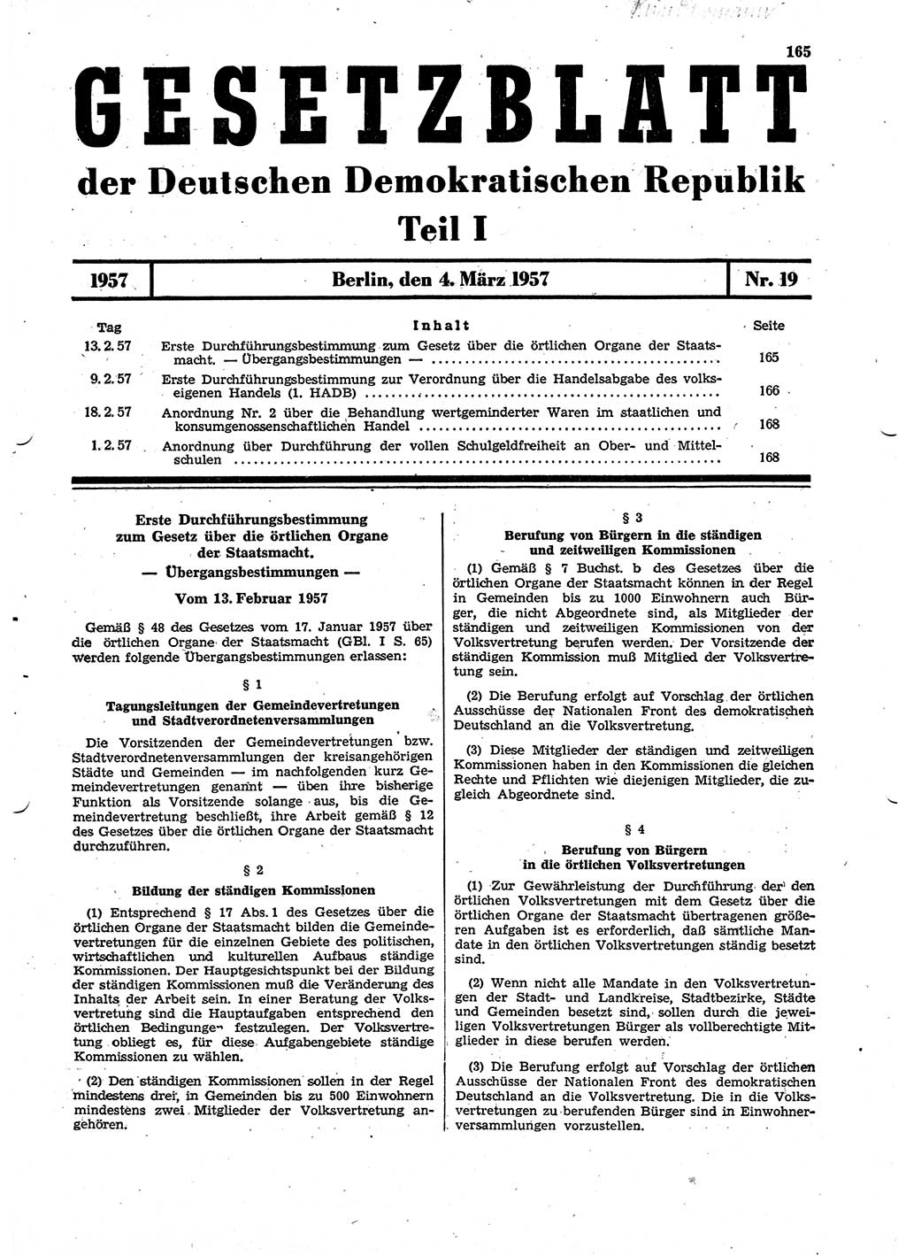 Gesetzblatt (GBl.) der Deutschen Demokratischen Republik (DDR) Teil Ⅰ 1957, Seite 165 (GBl. DDR Ⅰ 1957, S. 165)