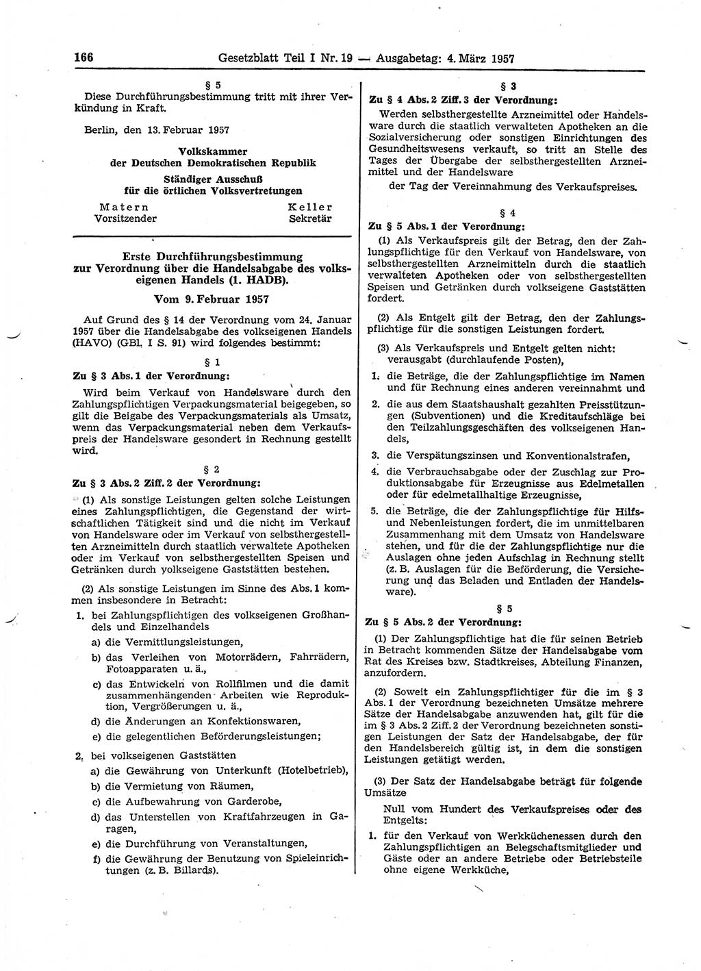 Gesetzblatt (GBl.) der Deutschen Demokratischen Republik (DDR) Teil Ⅰ 1957, Seite 166 (GBl. DDR Ⅰ 1957, S. 166)
