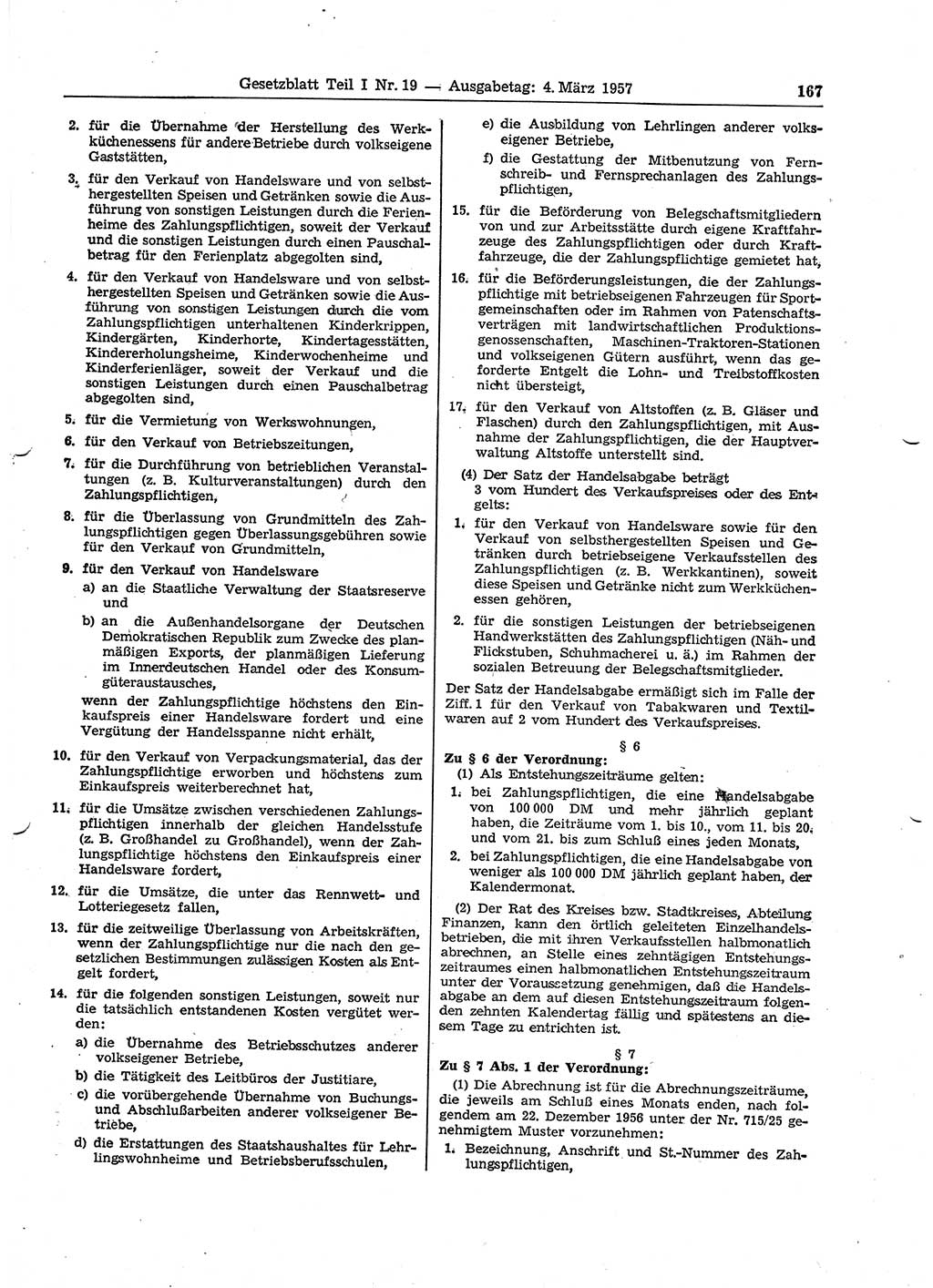 Gesetzblatt (GBl.) der Deutschen Demokratischen Republik (DDR) Teil Ⅰ 1957, Seite 167 (GBl. DDR Ⅰ 1957, S. 167)