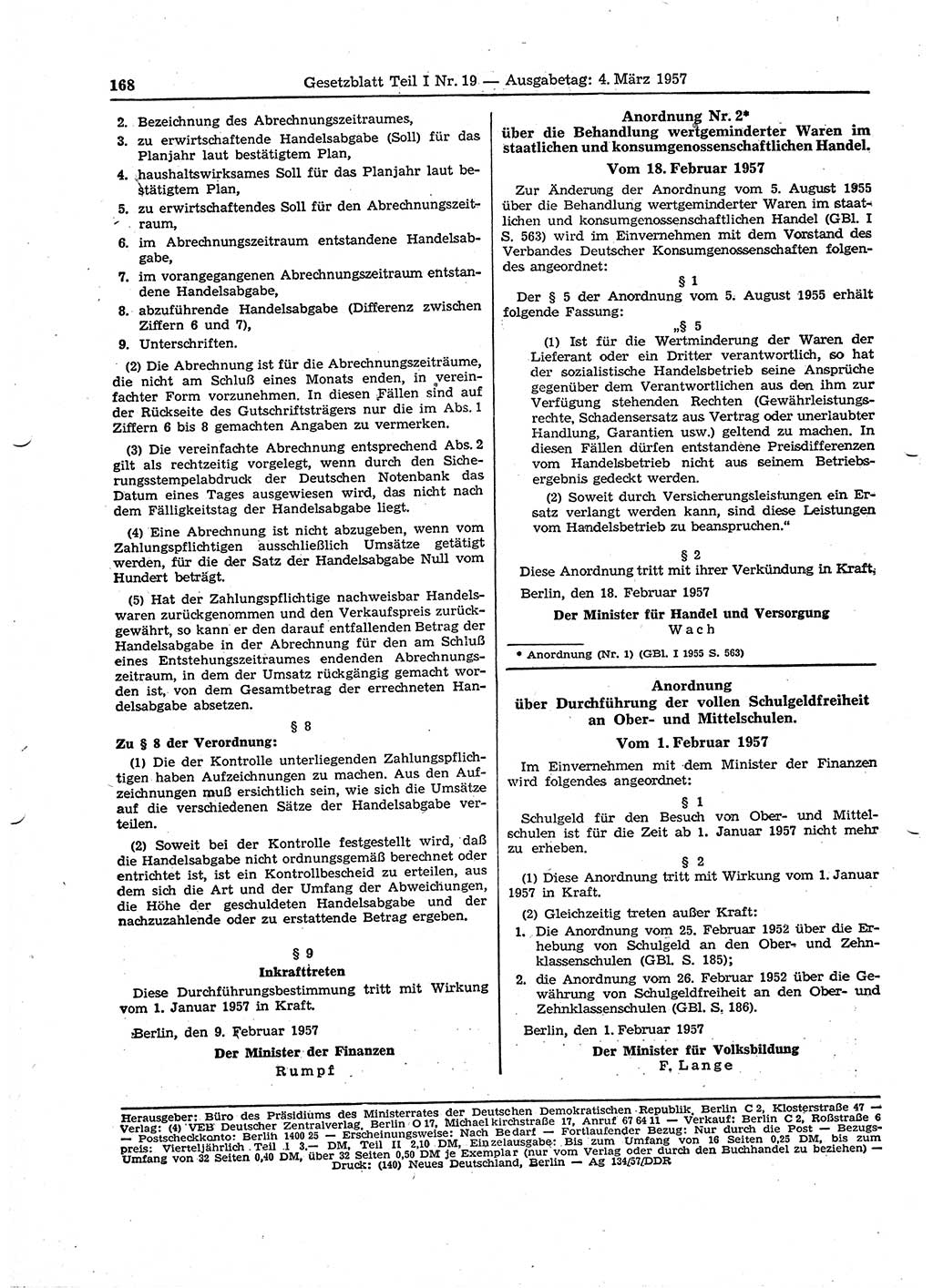 Gesetzblatt (GBl.) der Deutschen Demokratischen Republik (DDR) Teil Ⅰ 1957, Seite 168 (GBl. DDR Ⅰ 1957, S. 168)
