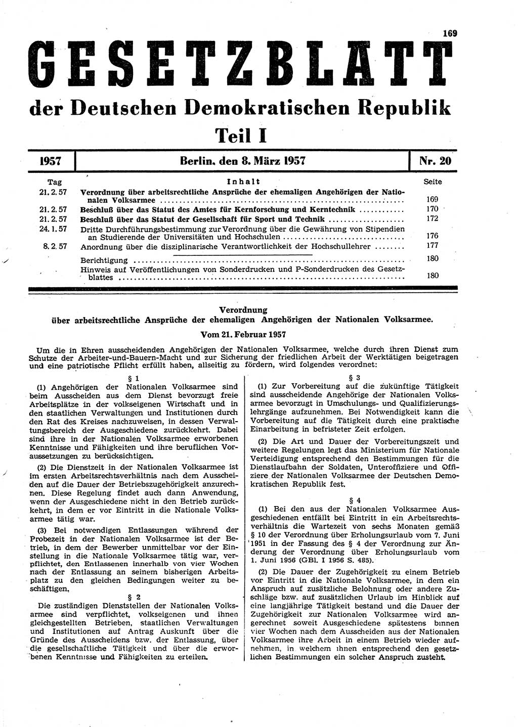 Gesetzblatt (GBl.) der Deutschen Demokratischen Republik (DDR) Teil Ⅰ 1957, Seite 169 (GBl. DDR Ⅰ 1957, S. 169)