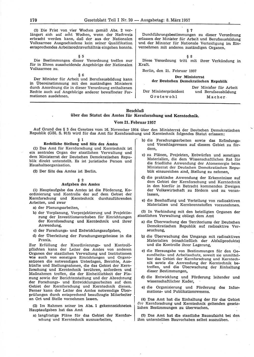 Gesetzblatt (GBl.) der Deutschen Demokratischen Republik (DDR) Teil Ⅰ 1957, Seite 170 (GBl. DDR Ⅰ 1957, S. 170)