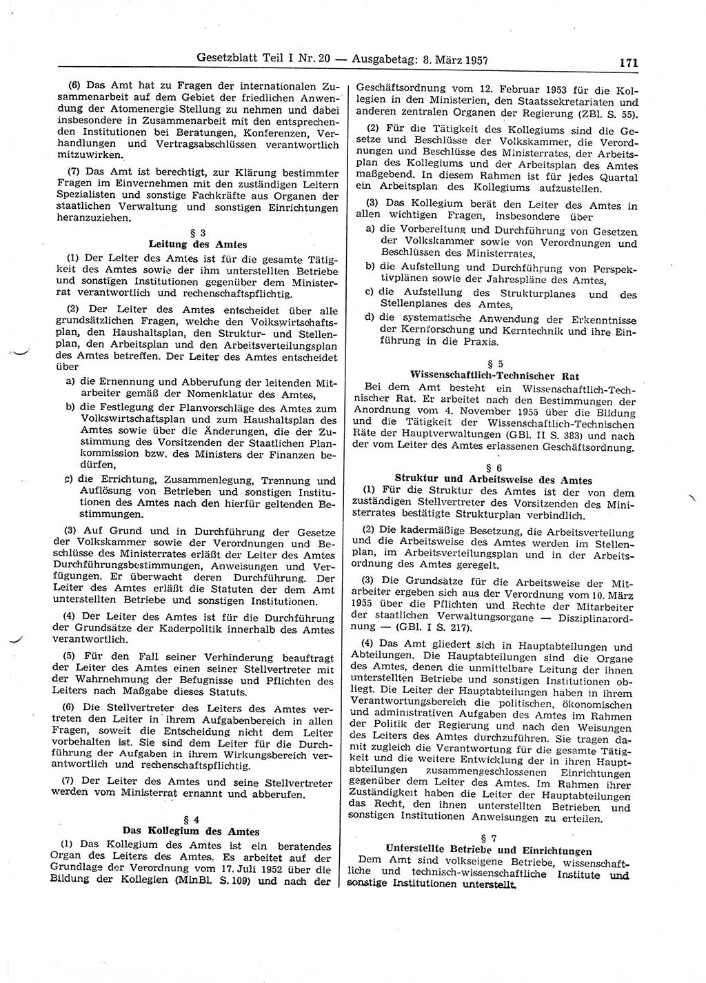 Gesetzblatt (GBl.) der Deutschen Demokratischen Republik (DDR) Teil Ⅰ 1957, Seite 171 (GBl. DDR Ⅰ 1957, S. 171)