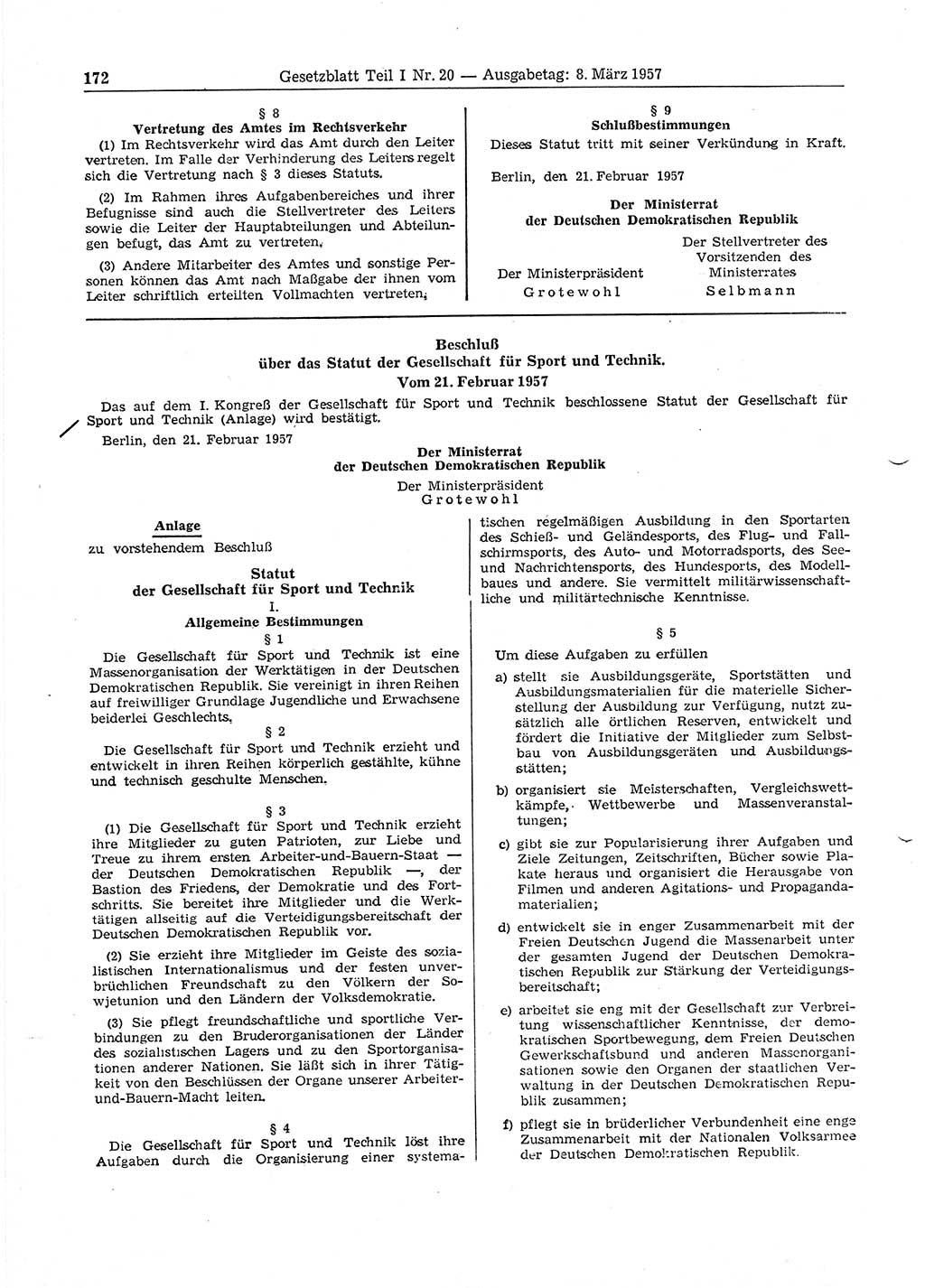 Gesetzblatt (GBl.) der Deutschen Demokratischen Republik (DDR) Teil Ⅰ 1957, Seite 172 (GBl. DDR Ⅰ 1957, S. 172)