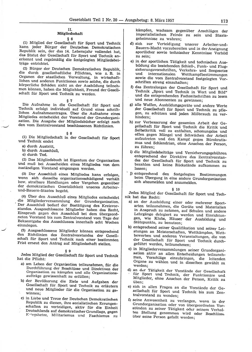 Gesetzblatt (GBl.) der Deutschen Demokratischen Republik (DDR) Teil Ⅰ 1957, Seite 173 (GBl. DDR Ⅰ 1957, S. 173)