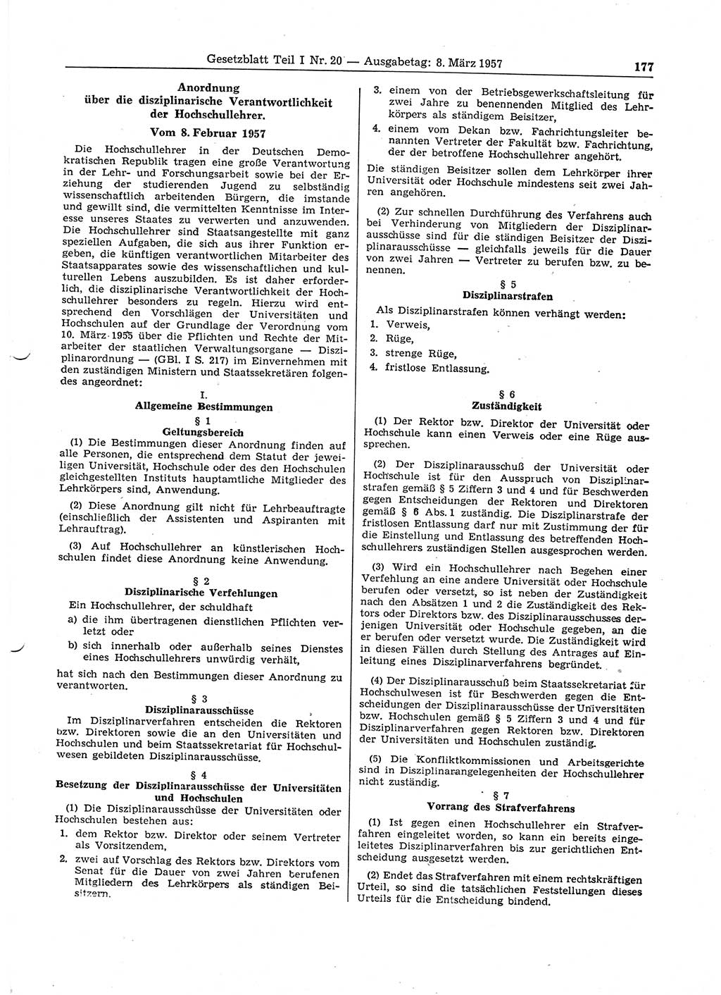 Gesetzblatt (GBl.) der Deutschen Demokratischen Republik (DDR) Teil Ⅰ 1957, Seite 177 (GBl. DDR Ⅰ 1957, S. 177)