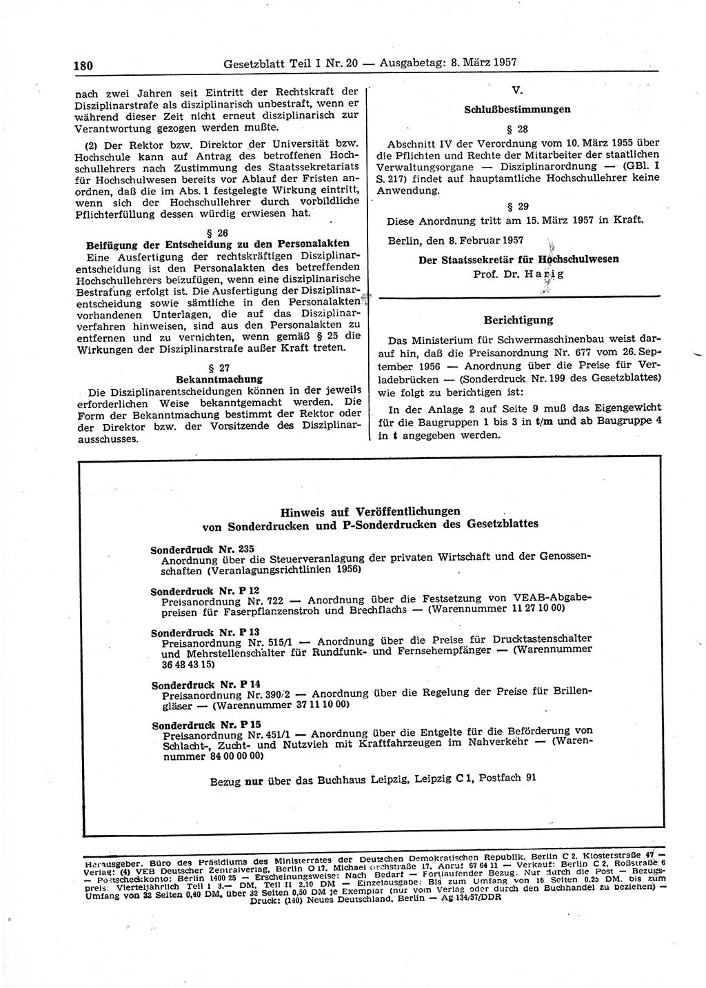Gesetzblatt (GBl.) der Deutschen Demokratischen Republik (DDR) Teil Ⅰ 1957, Seite 180 (GBl. DDR Ⅰ 1957, S. 180)