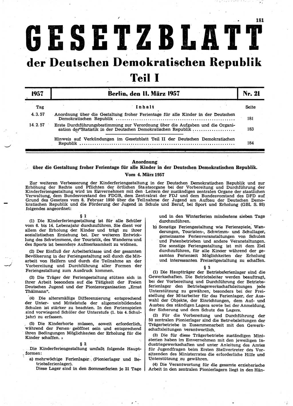 Gesetzblatt (GBl.) der Deutschen Demokratischen Republik (DDR) Teil Ⅰ 1957, Seite 181 (GBl. DDR Ⅰ 1957, S. 181)