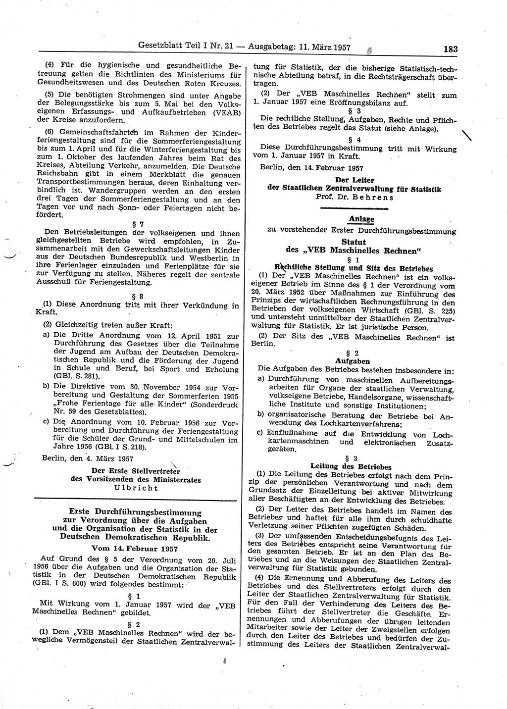 Gesetzblatt (GBl.) der Deutschen Demokratischen Republik (DDR) Teil Ⅰ 1957, Seite 183 (GBl. DDR Ⅰ 1957, S. 183)