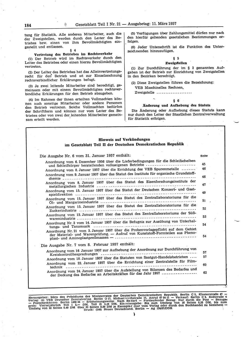 Gesetzblatt (GBl.) der Deutschen Demokratischen Republik (DDR) Teil Ⅰ 1957, Seite 184 (GBl. DDR Ⅰ 1957, S. 184)