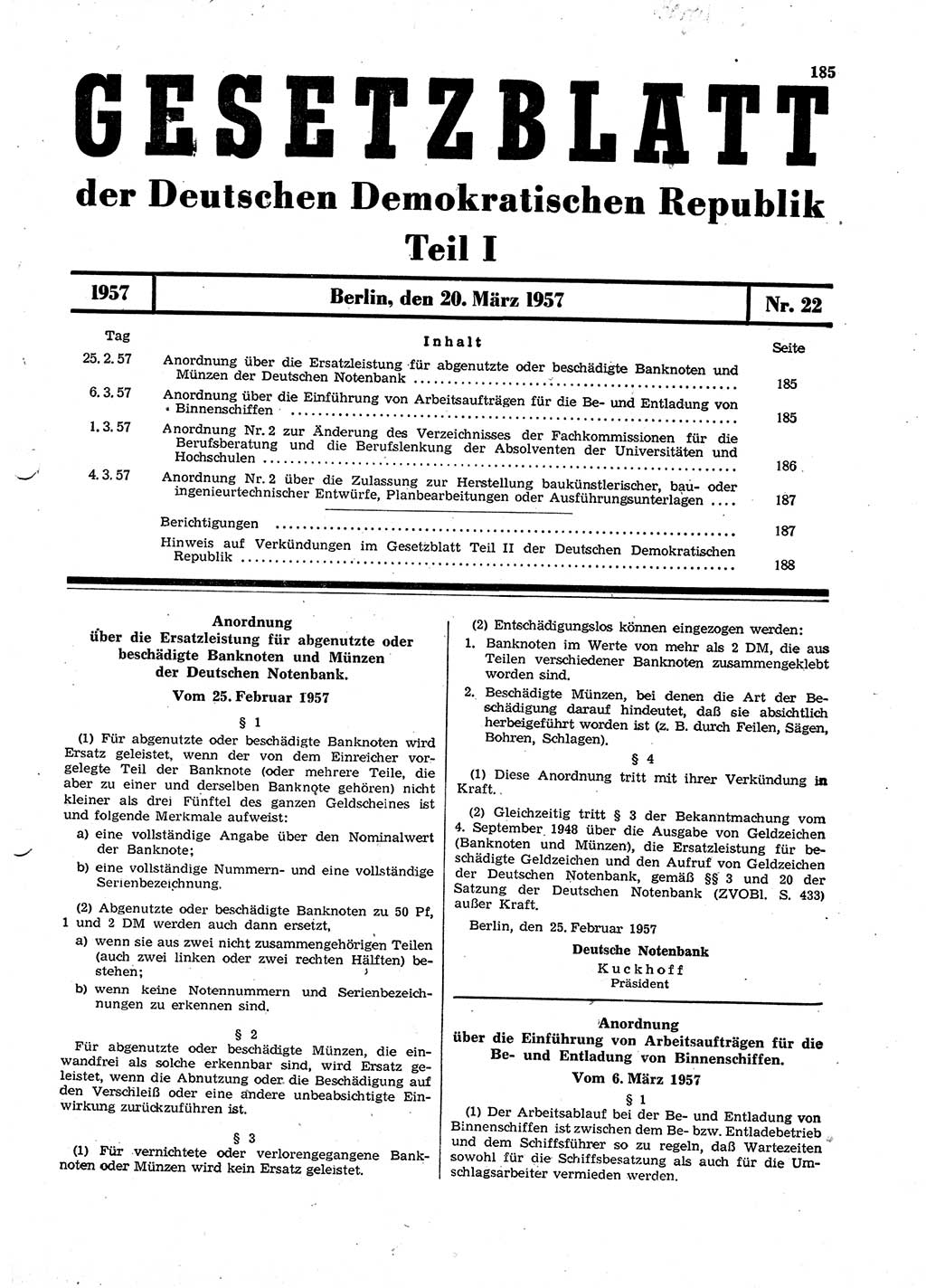 Gesetzblatt (GBl.) der Deutschen Demokratischen Republik (DDR) Teil Ⅰ 1957, Seite 185 (GBl. DDR Ⅰ 1957, S. 185)