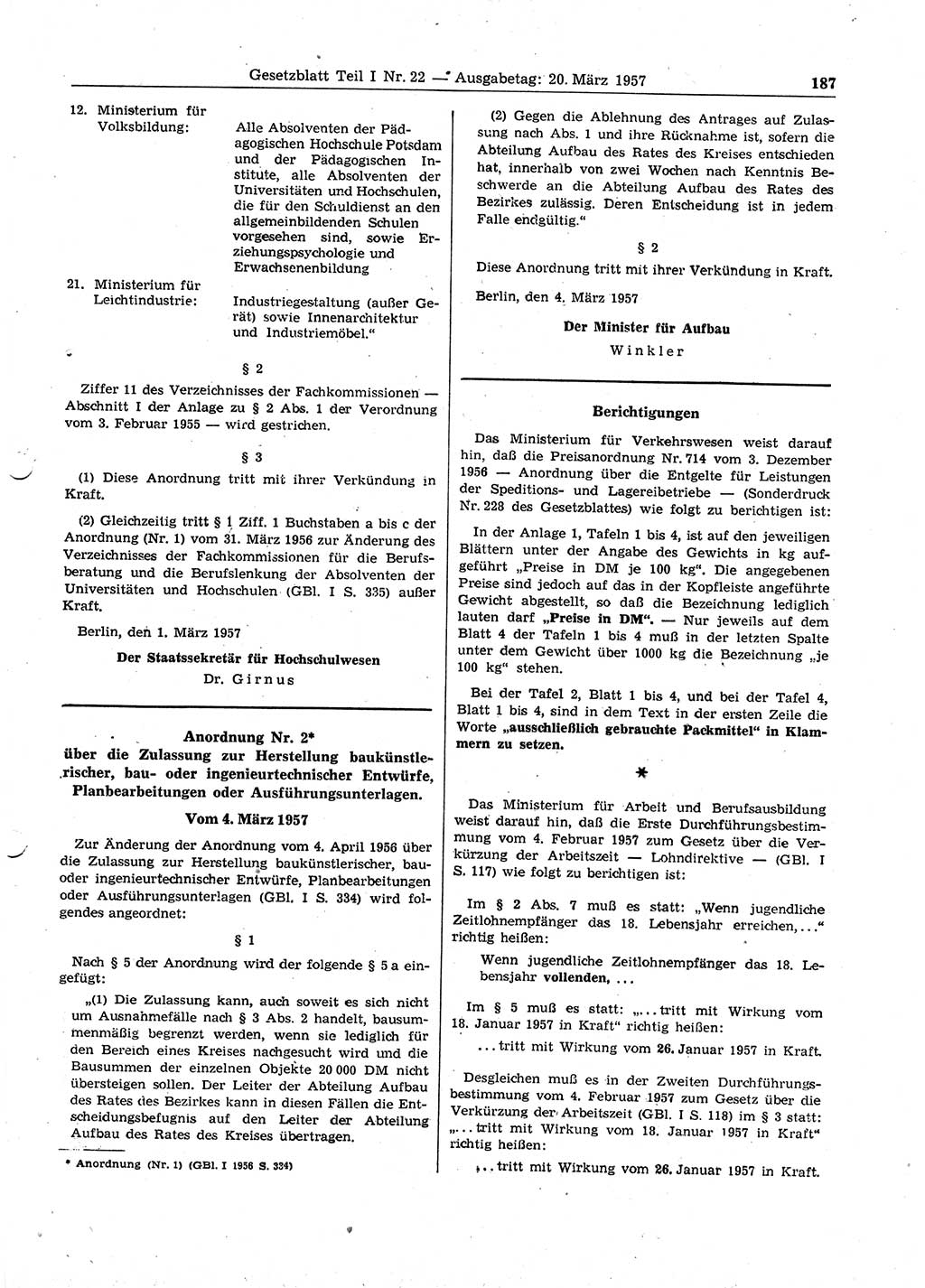 Gesetzblatt (GBl.) der Deutschen Demokratischen Republik (DDR) Teil Ⅰ 1957, Seite 187 (GBl. DDR Ⅰ 1957, S. 187)