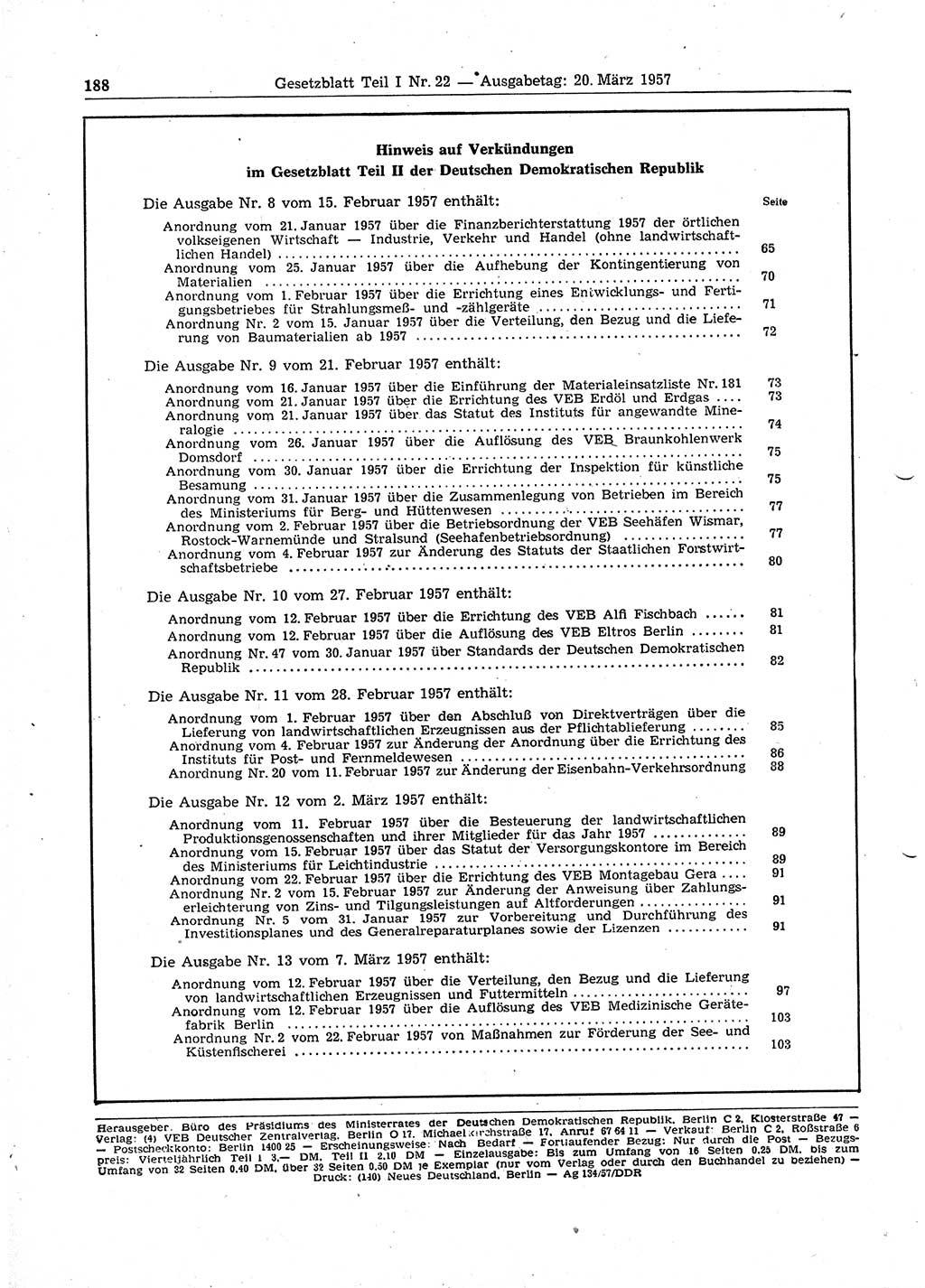 Gesetzblatt (GBl.) der Deutschen Demokratischen Republik (DDR) Teil Ⅰ 1957, Seite 188 (GBl. DDR Ⅰ 1957, S. 188)