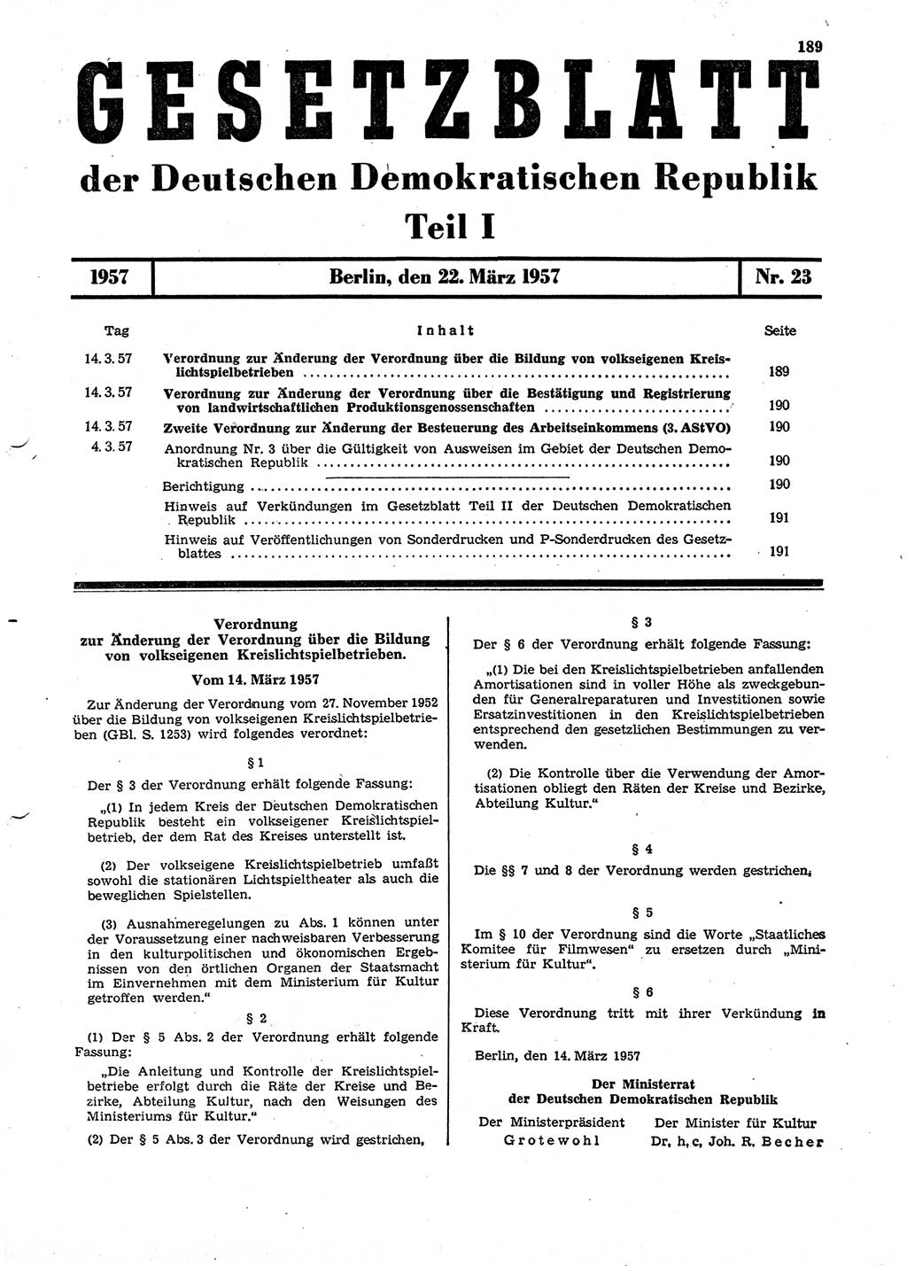 Gesetzblatt (GBl.) der Deutschen Demokratischen Republik (DDR) Teil Ⅰ 1957, Seite 189 (GBl. DDR Ⅰ 1957, S. 189)