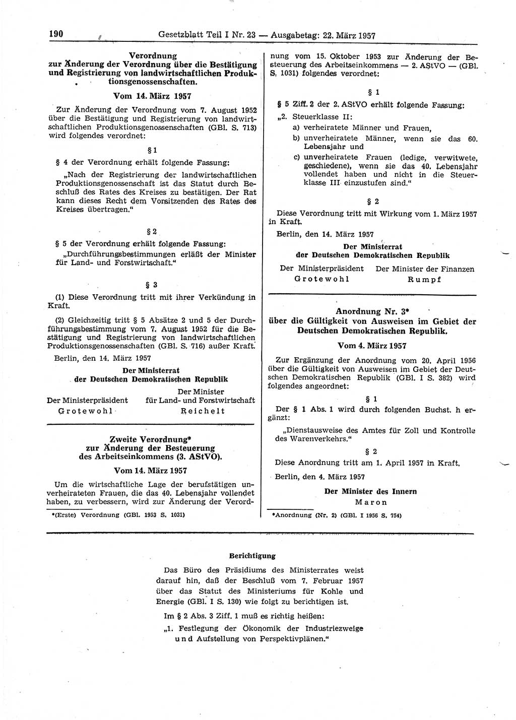 Gesetzblatt (GBl.) der Deutschen Demokratischen Republik (DDR) Teil Ⅰ 1957, Seite 190 (GBl. DDR Ⅰ 1957, S. 190)