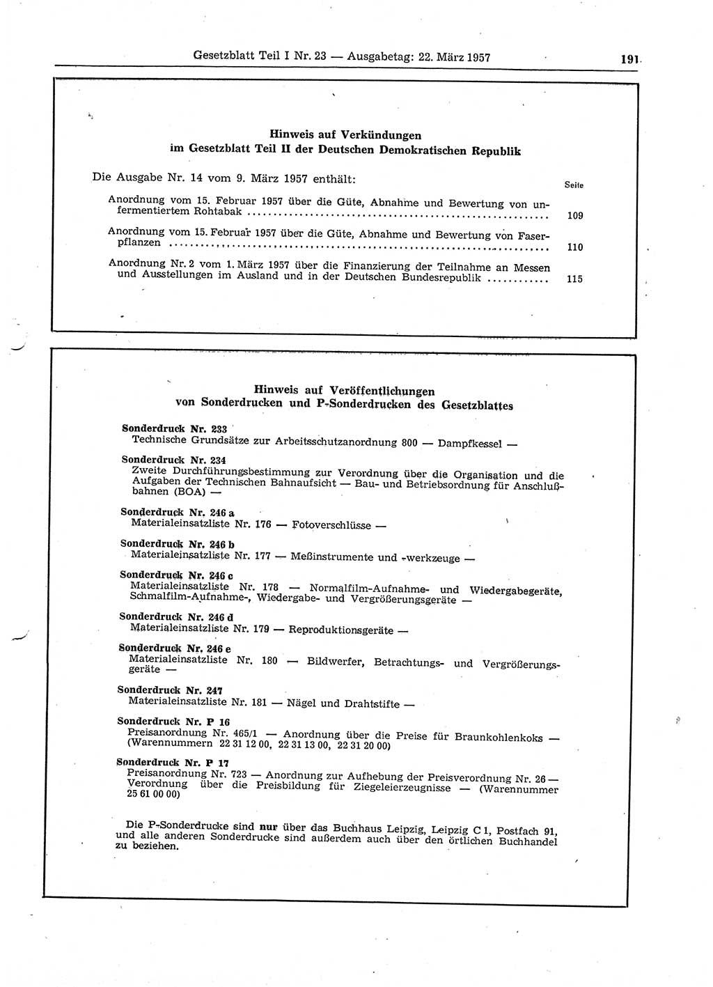 Gesetzblatt (GBl.) der Deutschen Demokratischen Republik (DDR) Teil Ⅰ 1957, Seite 191 (GBl. DDR Ⅰ 1957, S. 191)