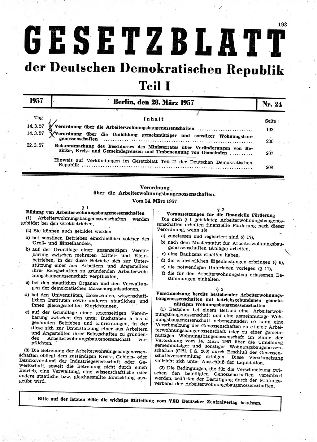 Gesetzblatt (GBl.) der Deutschen Demokratischen Republik (DDR) Teil Ⅰ 1957, Seite 193 (GBl. DDR Ⅰ 1957, S. 193)