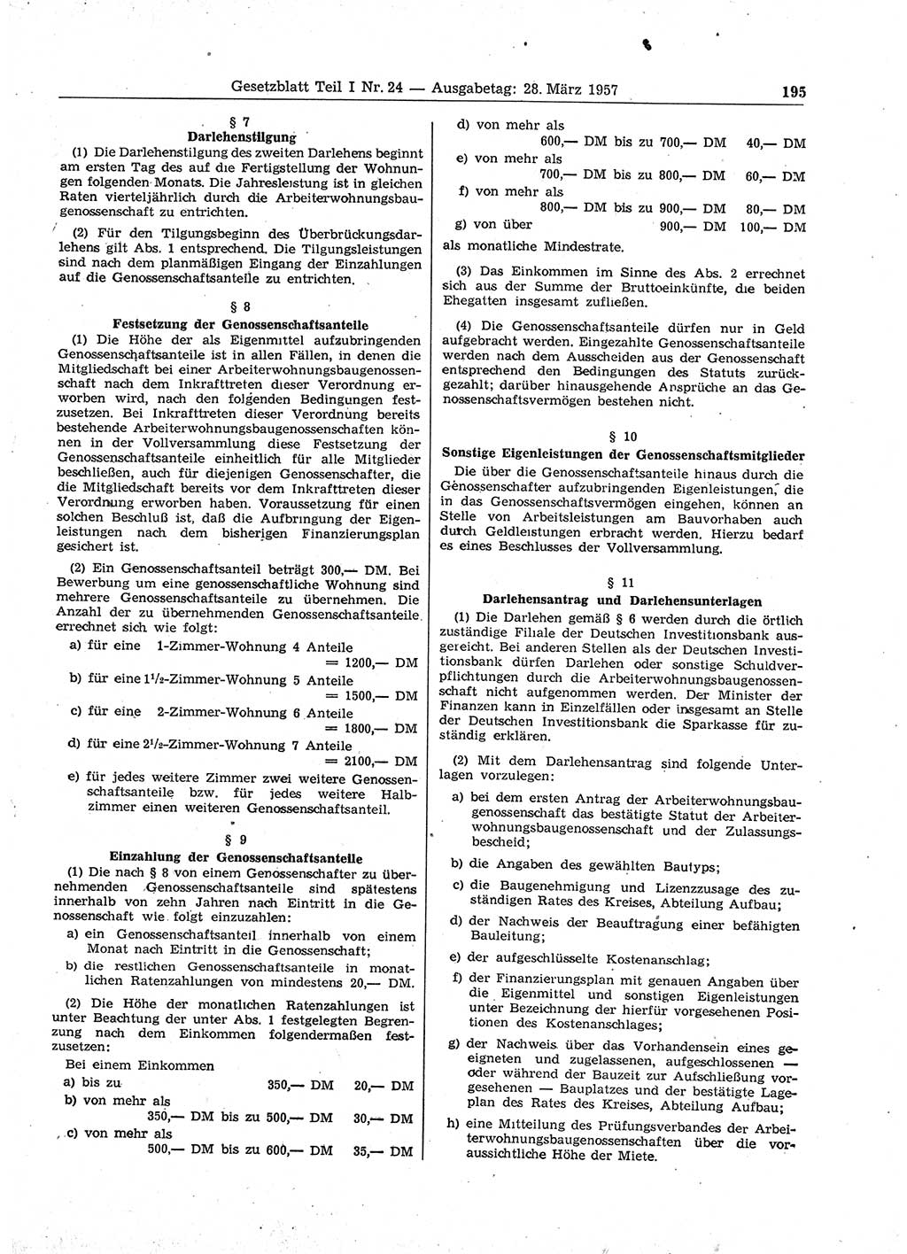 Gesetzblatt (GBl.) der Deutschen Demokratischen Republik (DDR) Teil Ⅰ 1957, Seite 195 (GBl. DDR Ⅰ 1957, S. 195)